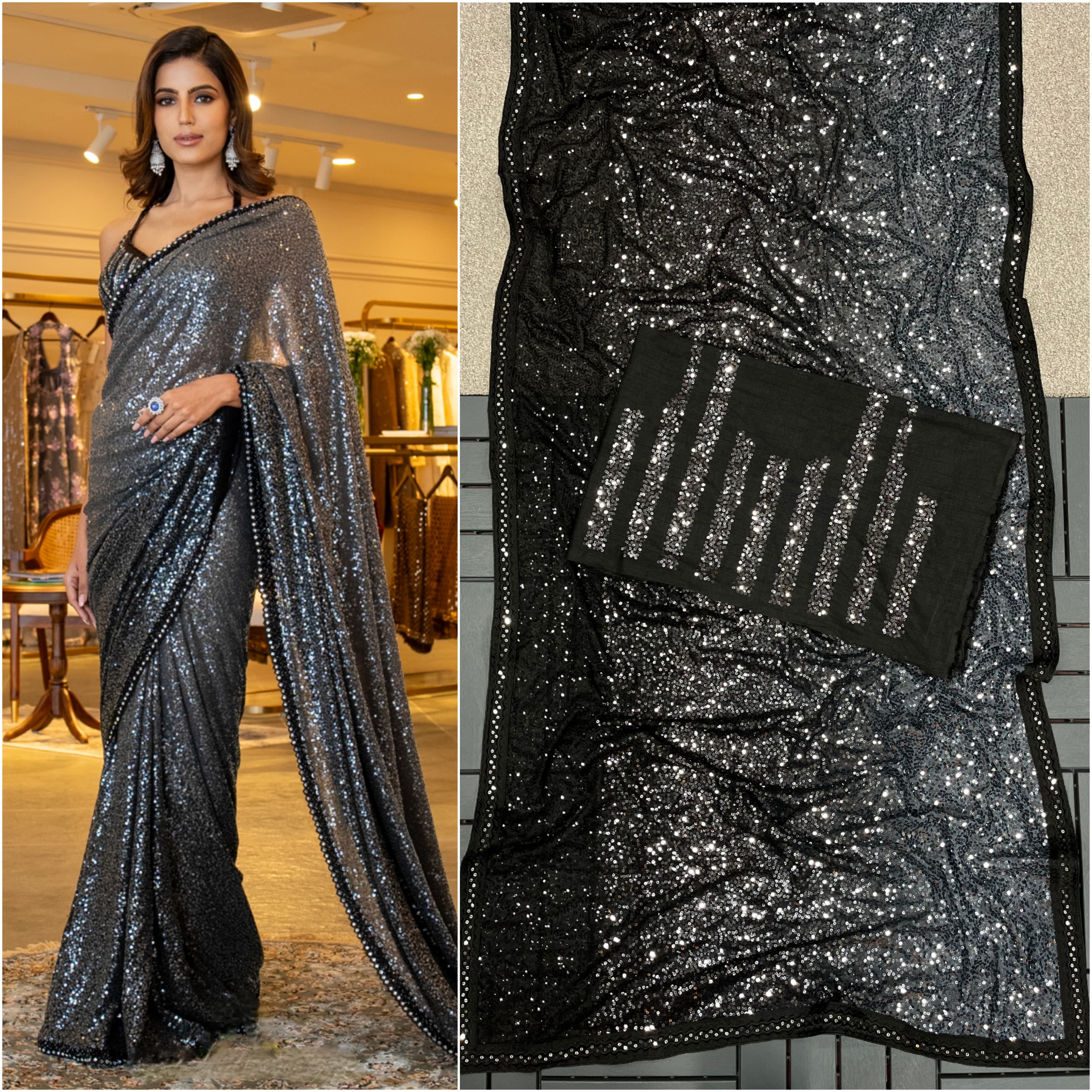 Exclusive Black And Grey Color Heavy Khichdi Sequins Work Party Wear Saree