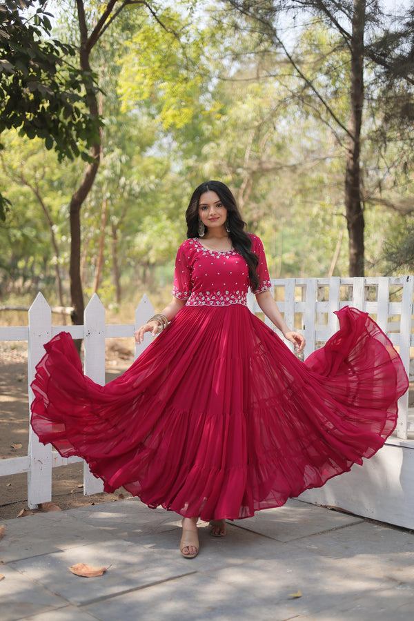 Outstanding Pink Color Faux Blooming With Embroidery Work Designer Anarkali Gown