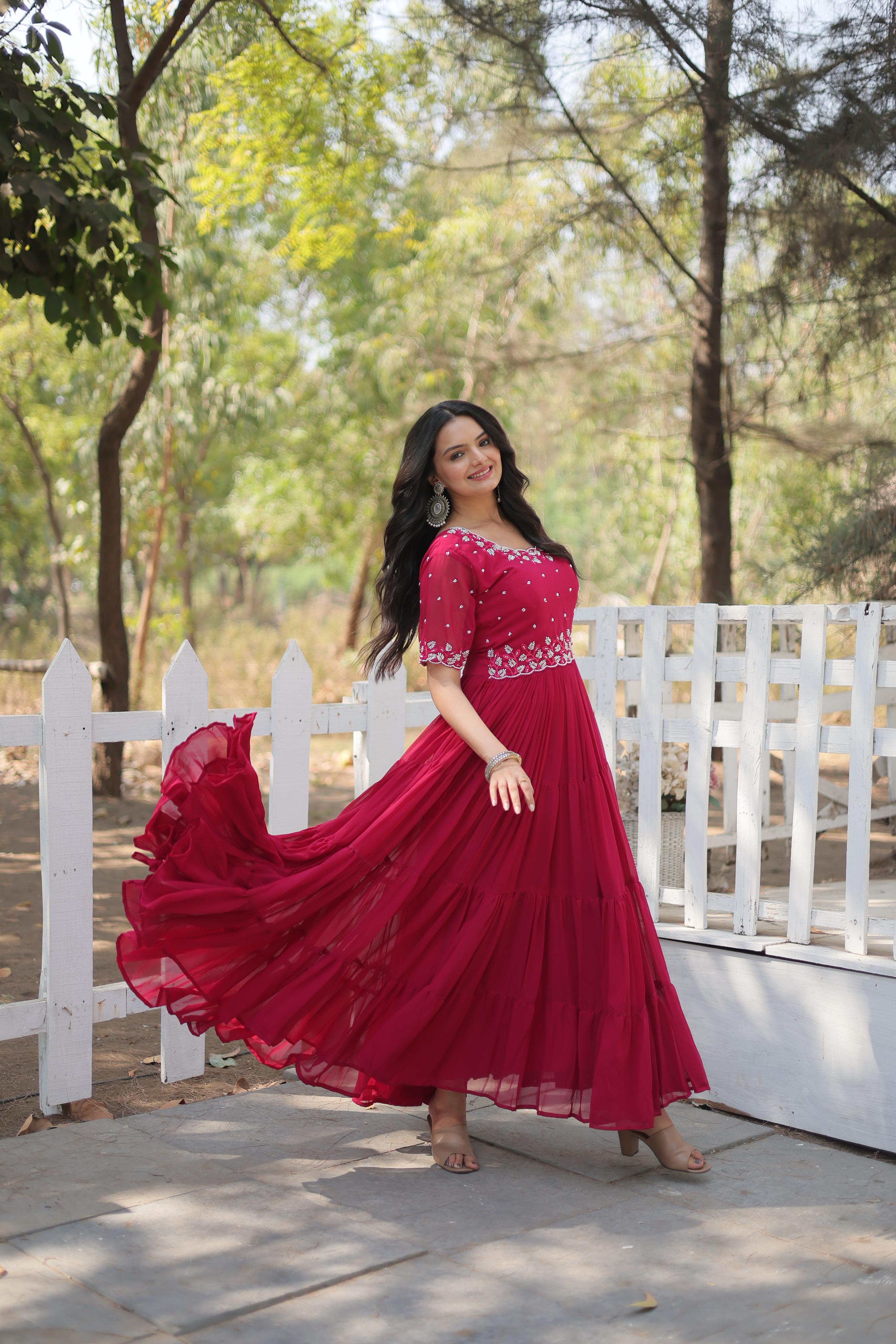 Outstanding Pink Color Faux Blooming With Embroidery Work Designer Anarkali Gown