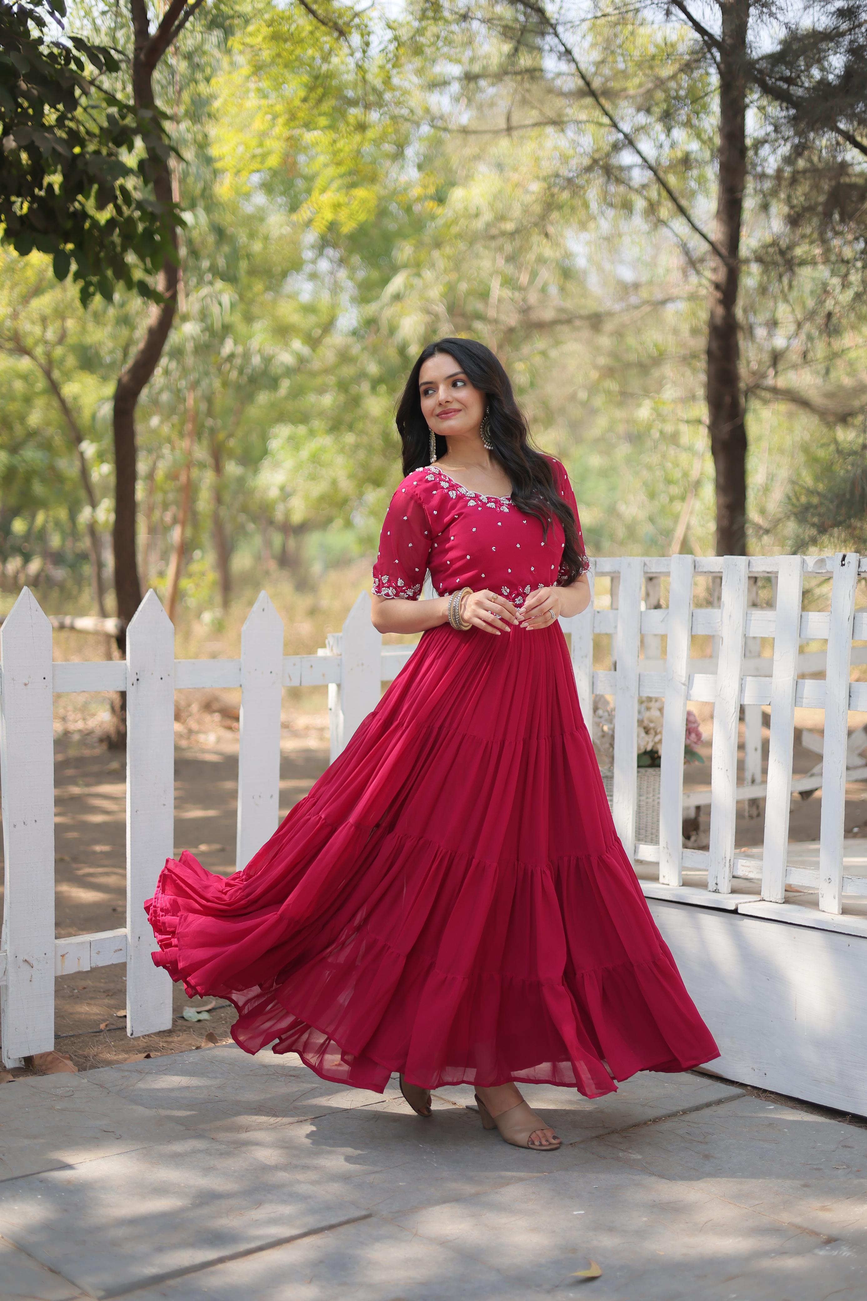 Outstanding Pink Color Faux Blooming With Embroidery Work Designer Anarkali Gown