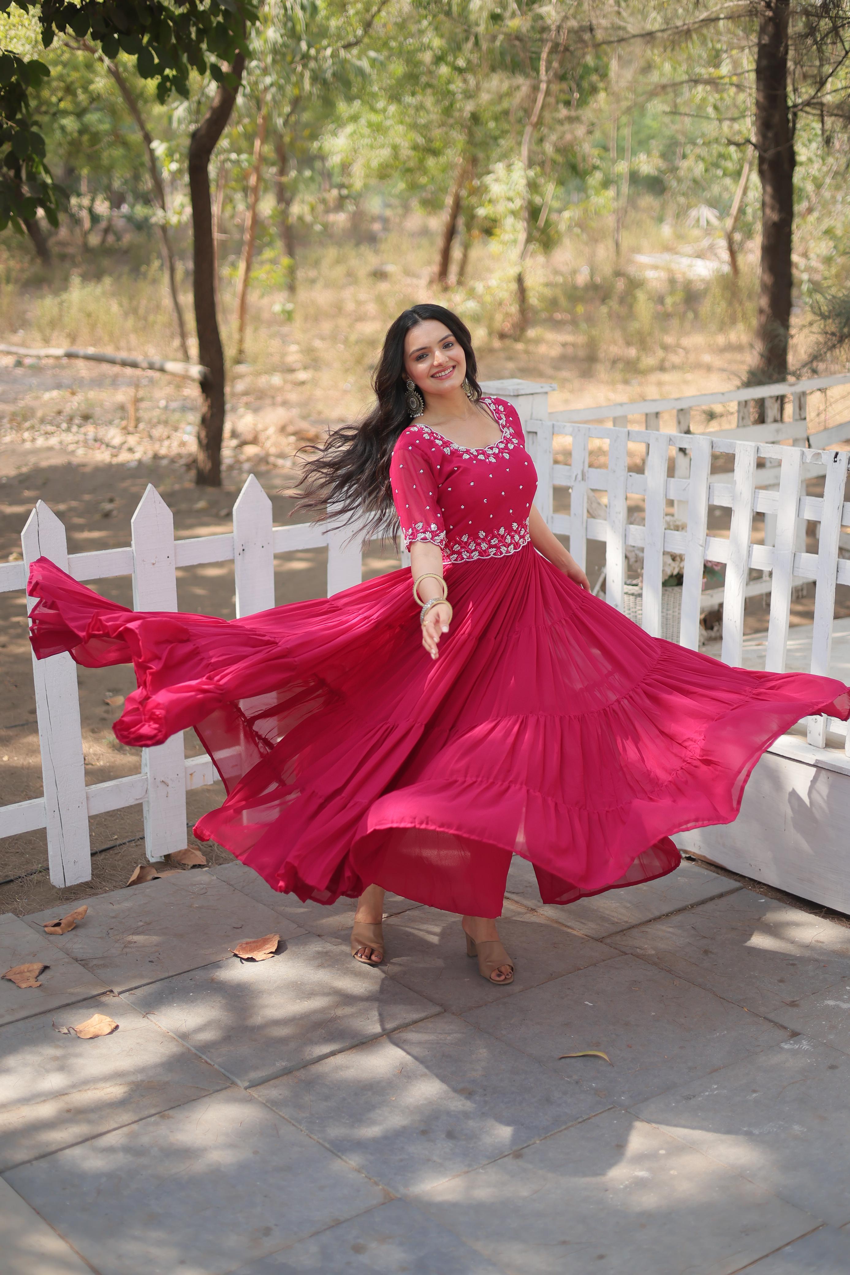 Outstanding Pink Color Faux Blooming With Embroidery Work Designer Anarkali Gown