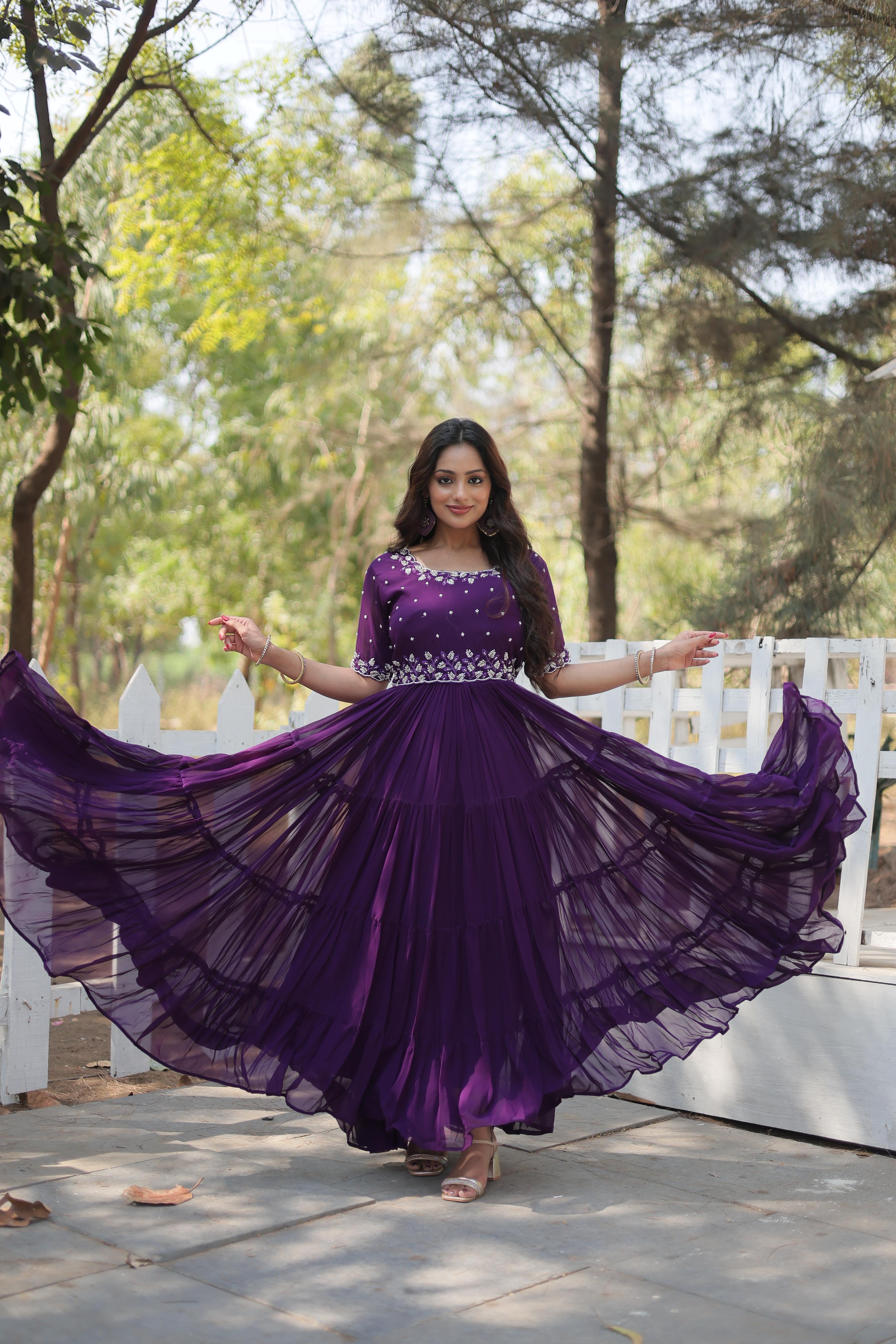 Beautiful Purple Color Faux Blooming With Embroidery Work Designer Anarkali Gown