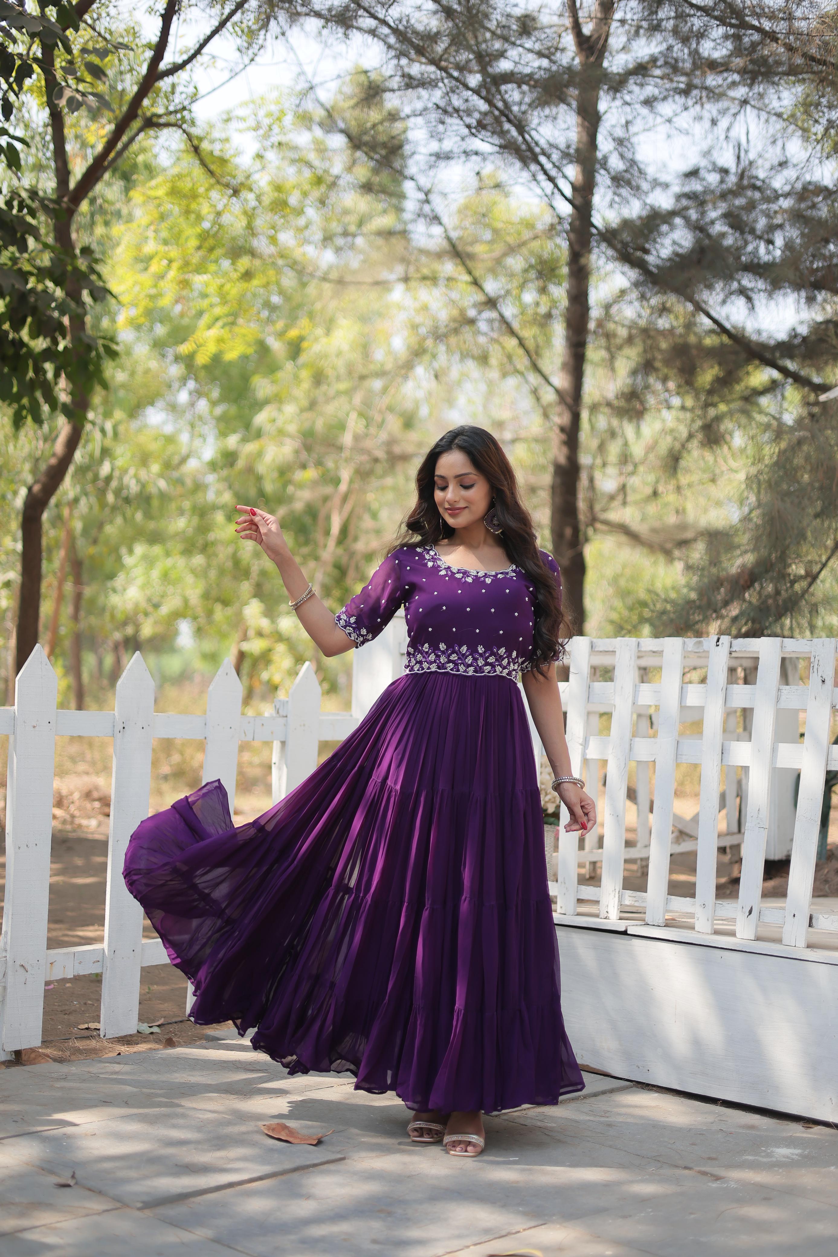 Beautiful Purple Color Faux Blooming With Embroidery Work Designer Anarkali Gown