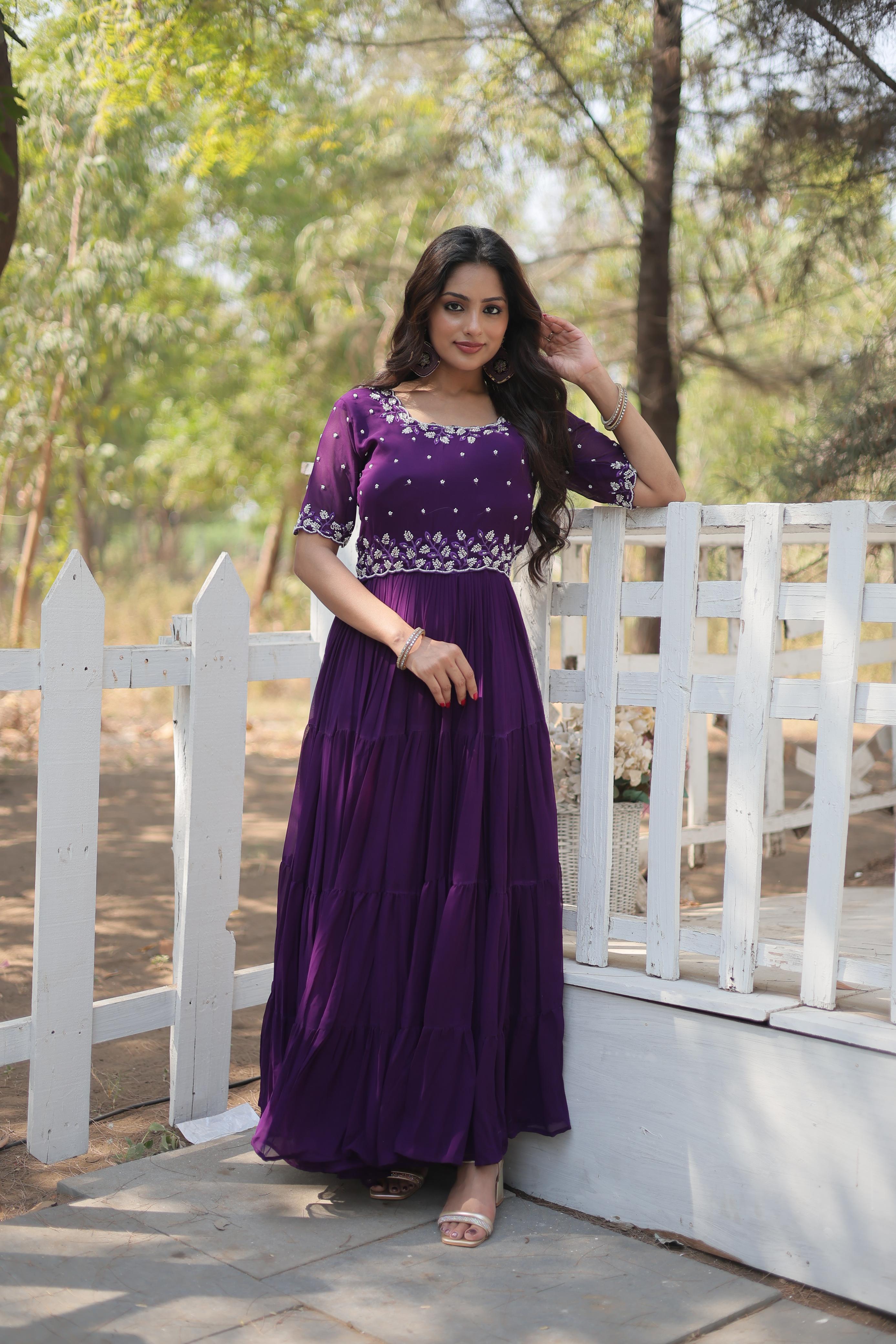 Beautiful Purple Color Faux Blooming With Embroidery Work Designer Anarkali Gown