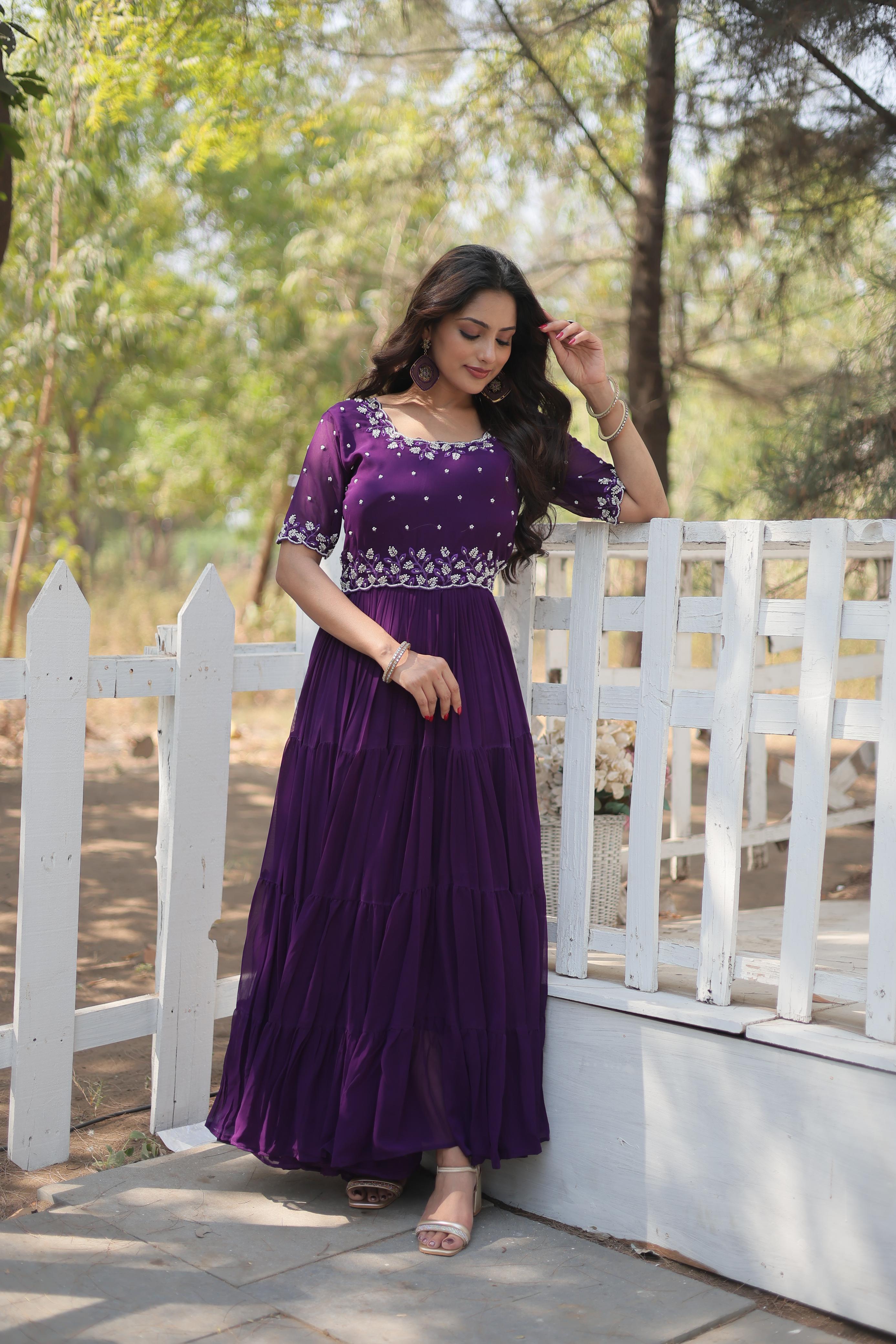 Beautiful Purple Color Faux Blooming With Embroidery Work Designer Anarkali Gown