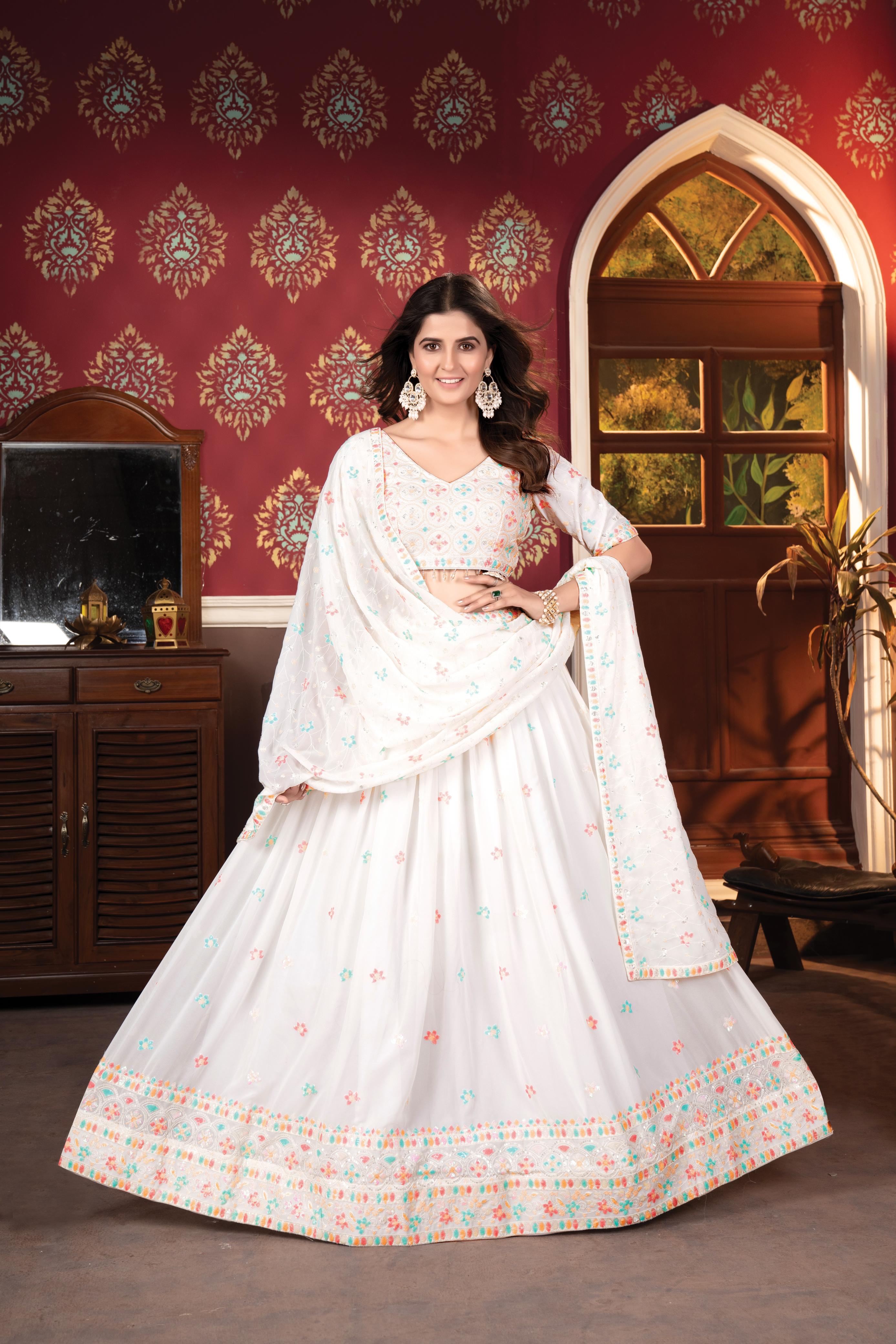 Function Wear White Color Faux Blooming With Embroidered Sequence Work Designer Lehenga Choli