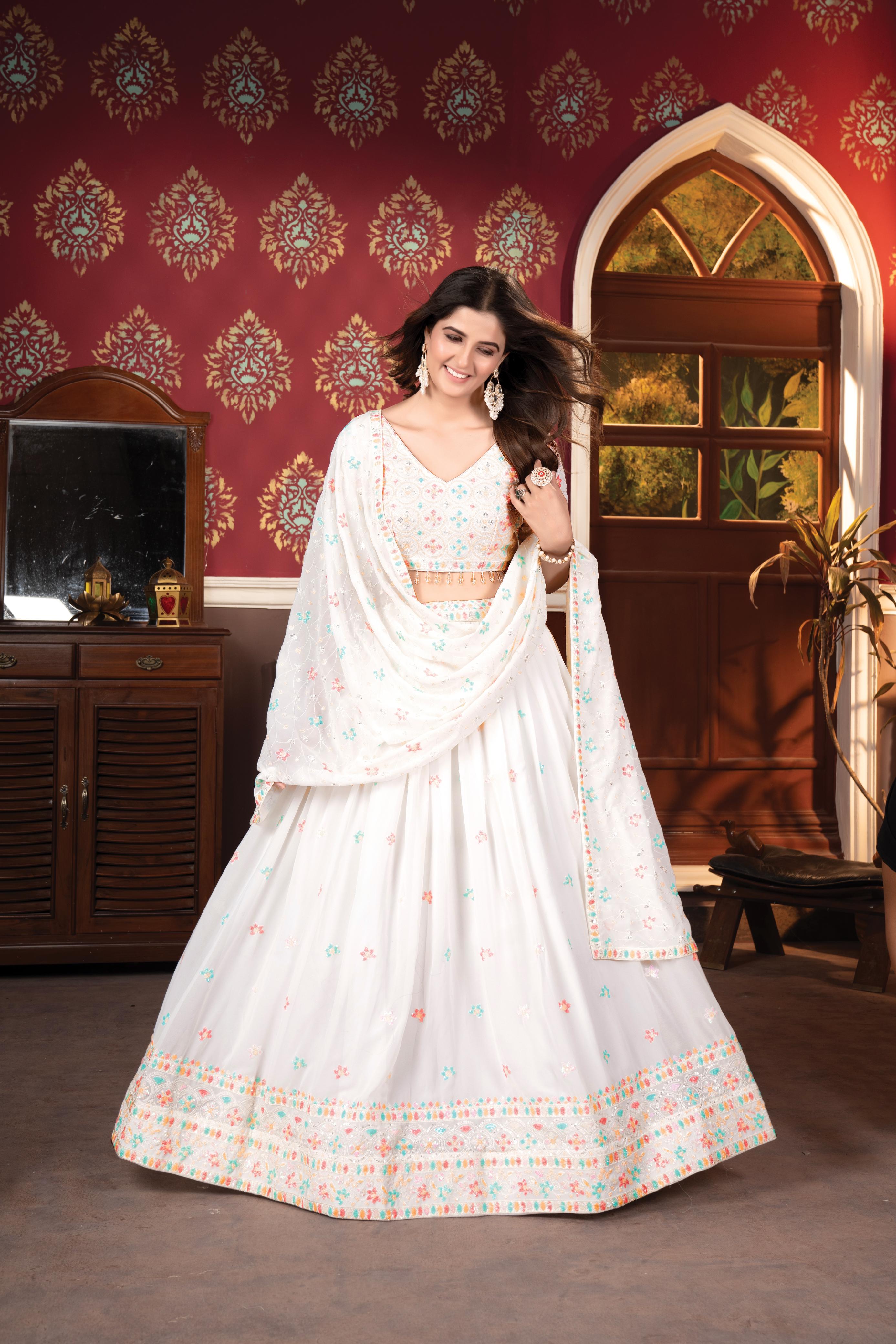 Function Wear White Color Faux Blooming With Embroidered Sequence Work Designer Lehenga Choli