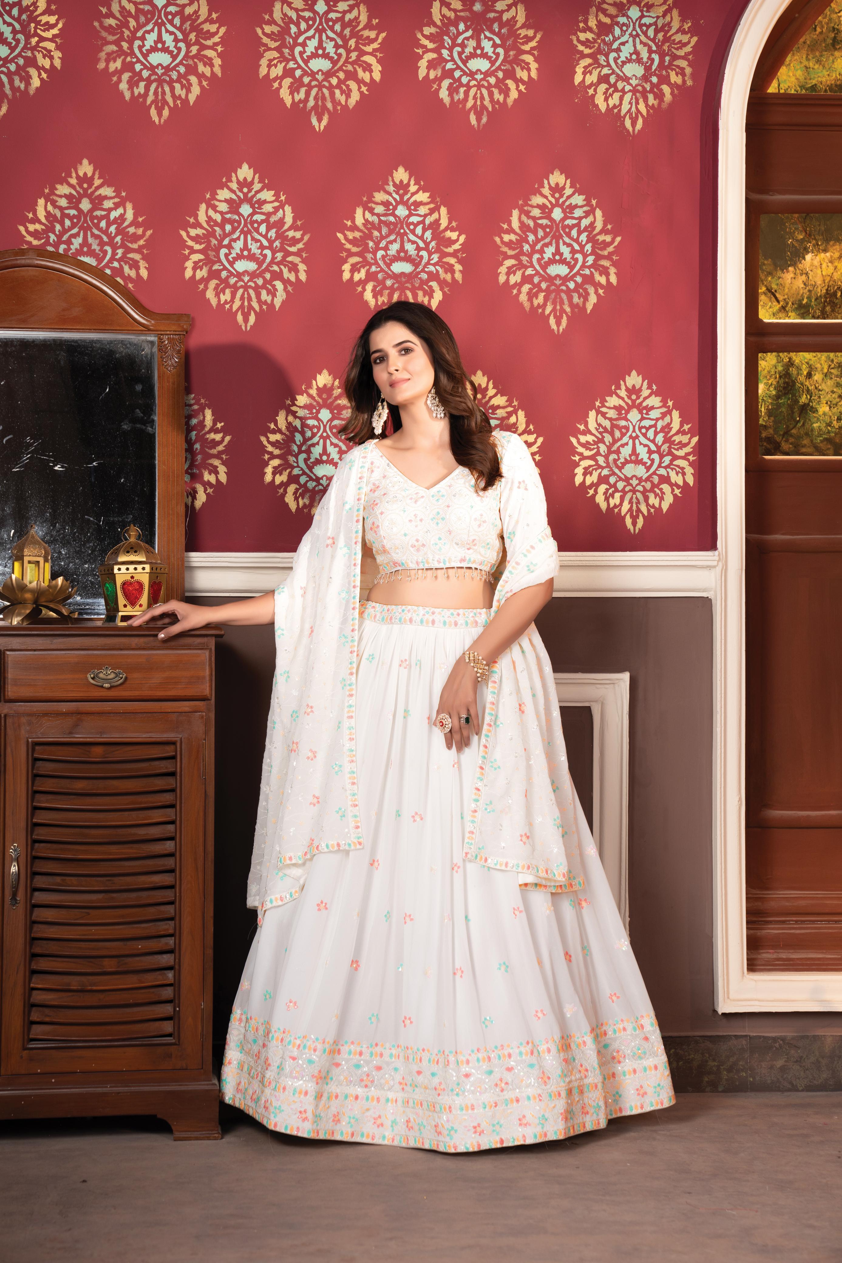 Function Wear White Color Faux Blooming With Embroidered Sequence Work Designer Lehenga Choli