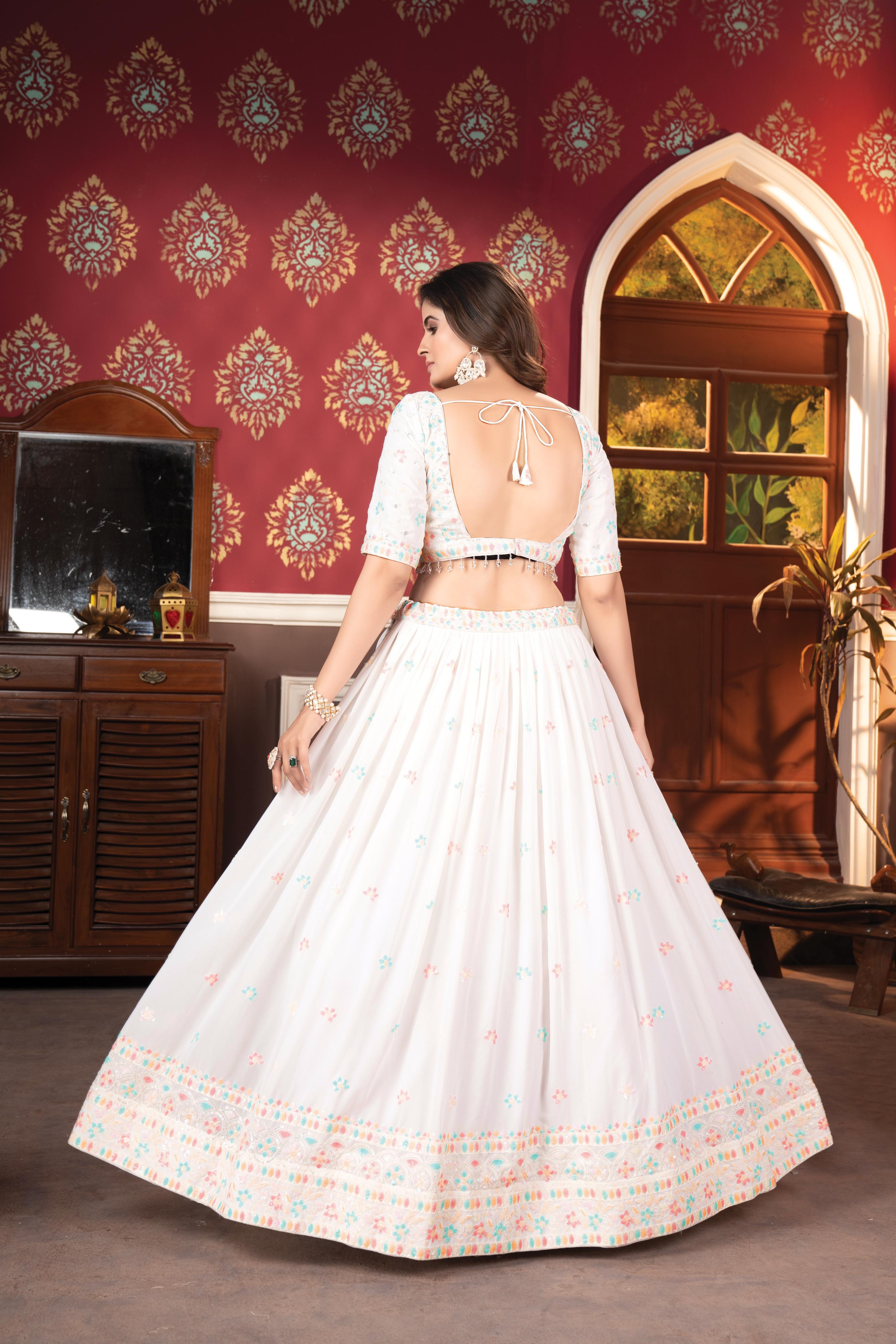 Function Wear White Color Faux Blooming With Embroidered Sequence Work Designer Lehenga Choli