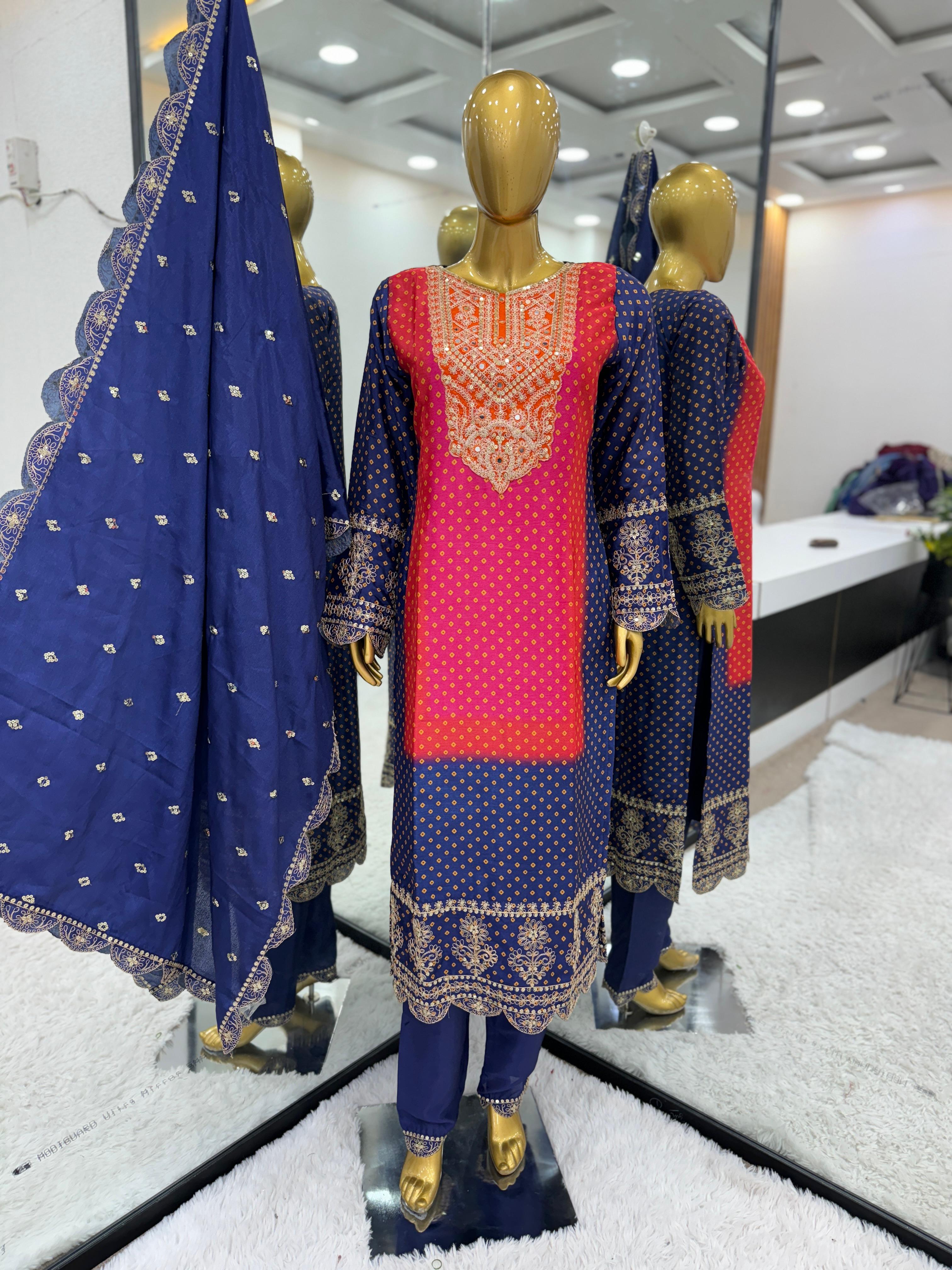 Delightful Blue Pure Chinon With Heavy Embroidery Coding Dori Sequence Work Salwar Suit