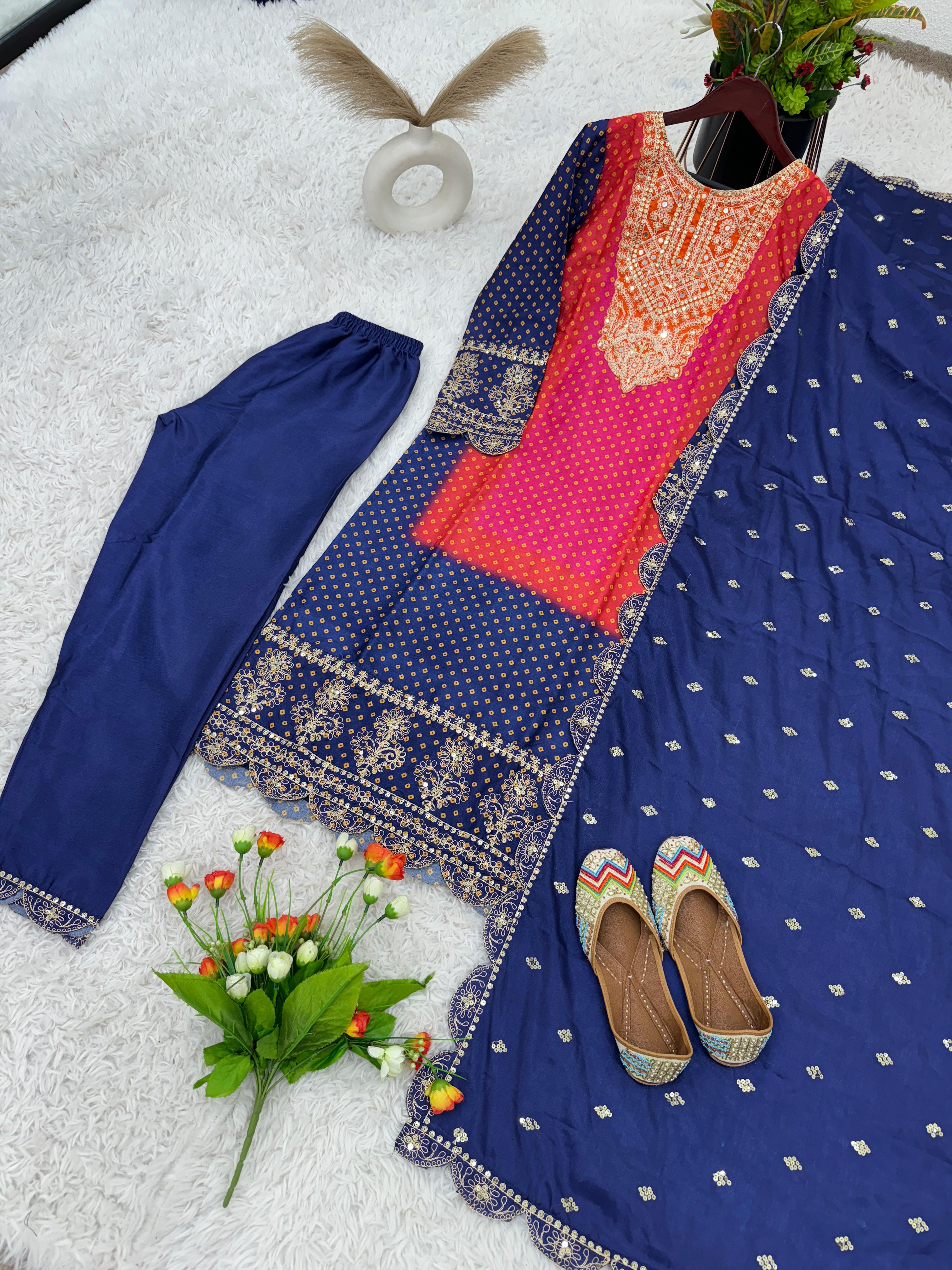 Delightful Blue Pure Chinon With Heavy Embroidery Coding Dori Sequence Work Salwar Suit