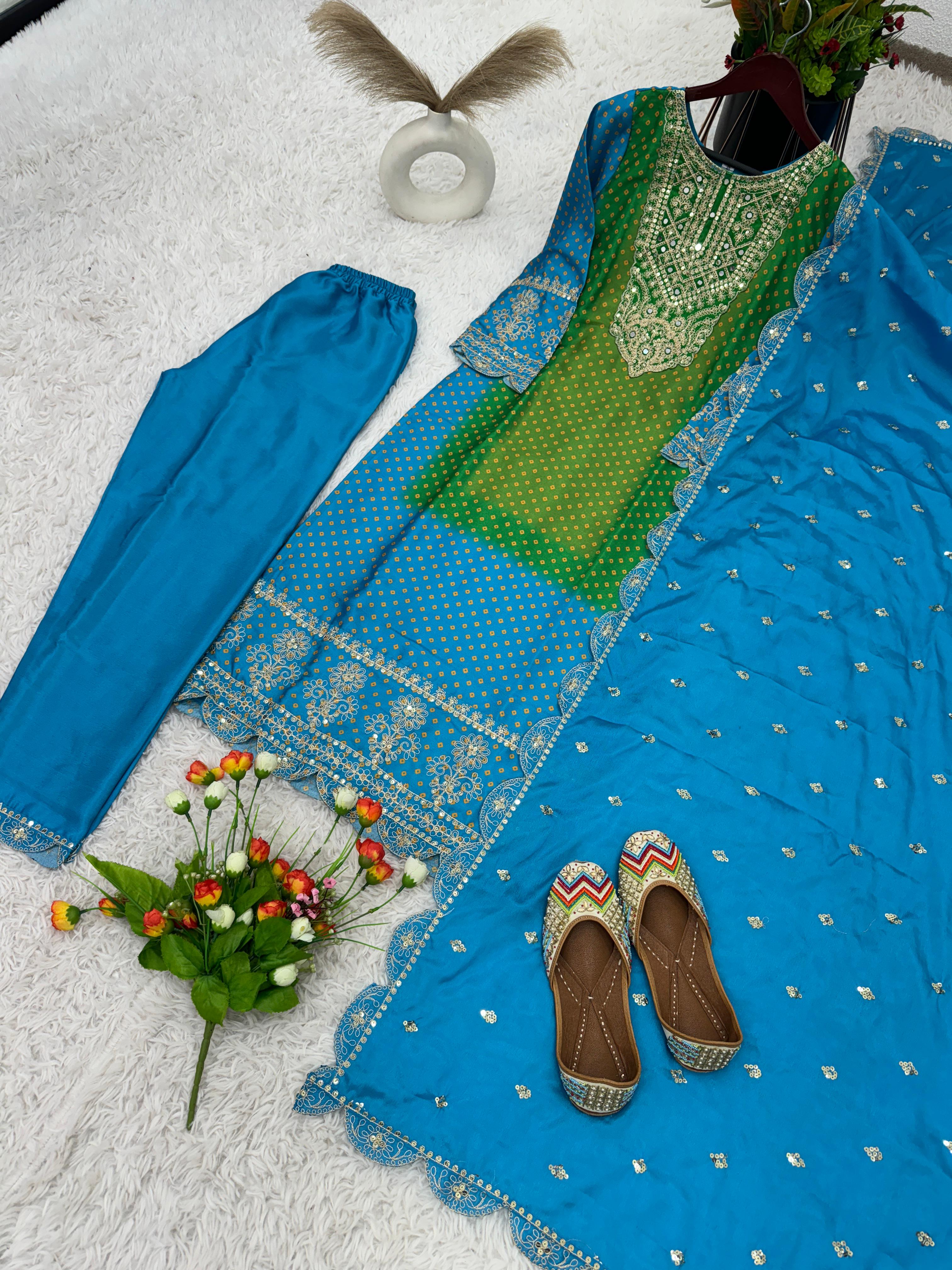 Glimmering Sky Blue Pure Chinon With Heavy Embroidery Coding Dori Sequence Work Salwar Suit