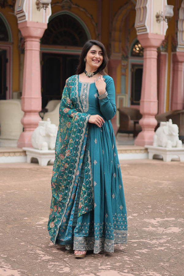 Marriage Special Teal Green Color Chinon With Rich Sequence Embroidered Work Designer Gown