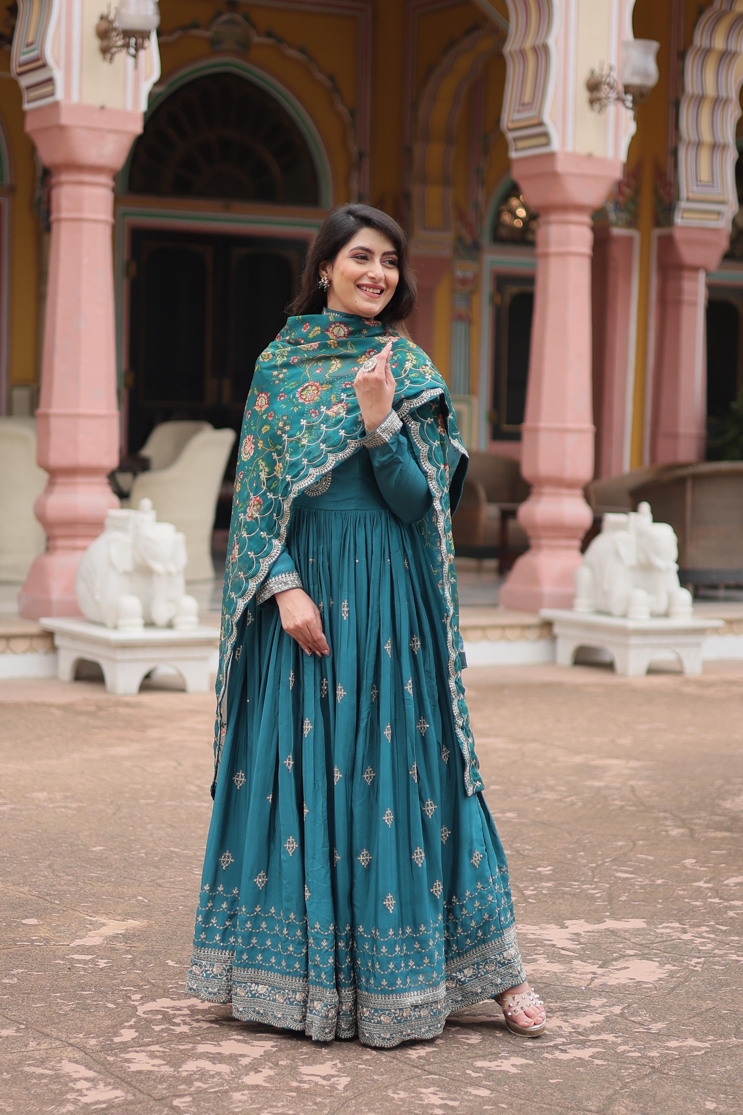 Marriage Special Teal Green Color Chinon With Rich Sequence Embroidered Work Designer Gown