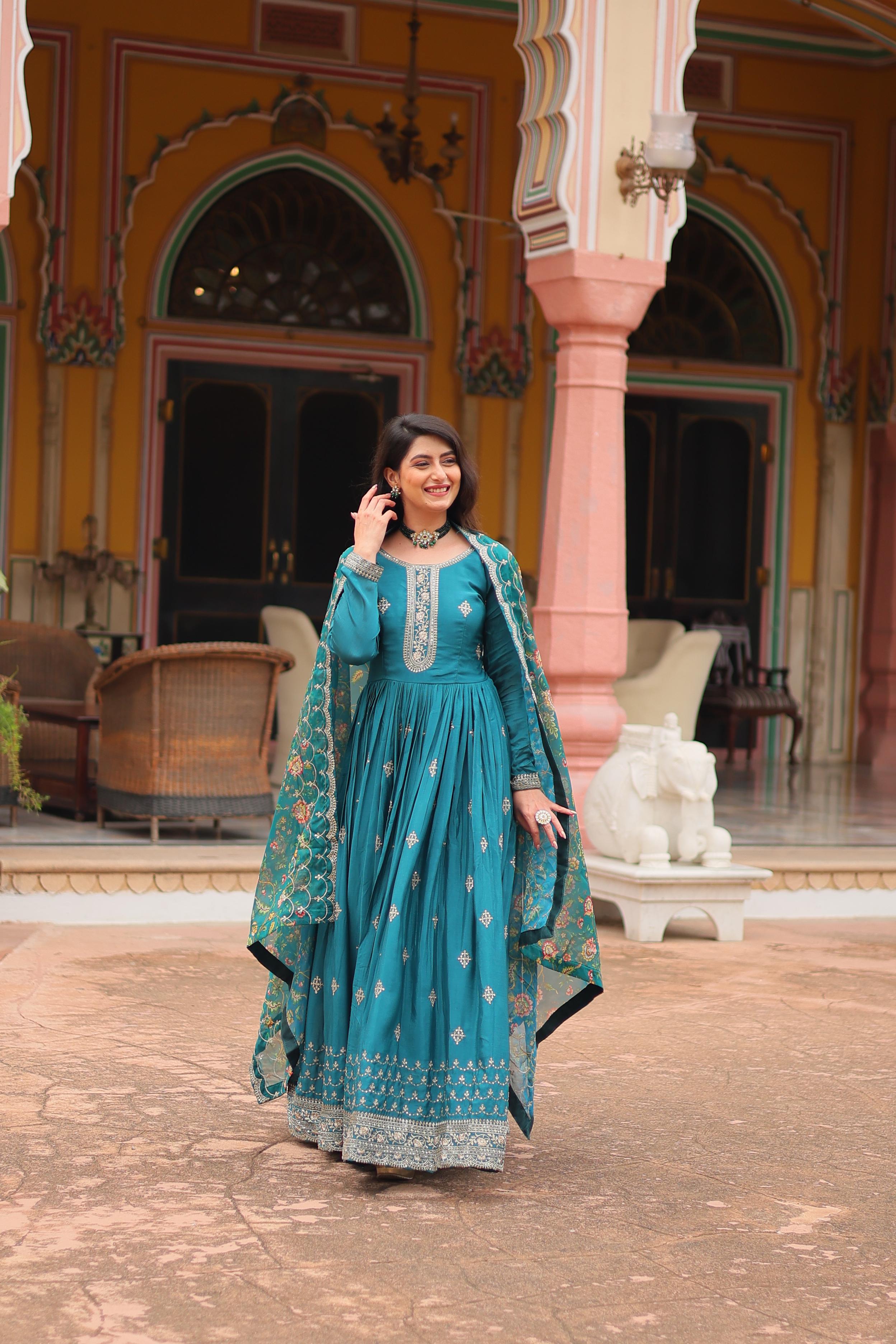 Marriage Special Teal Green Color Chinon With Rich Sequence Embroidered Work Designer Gown