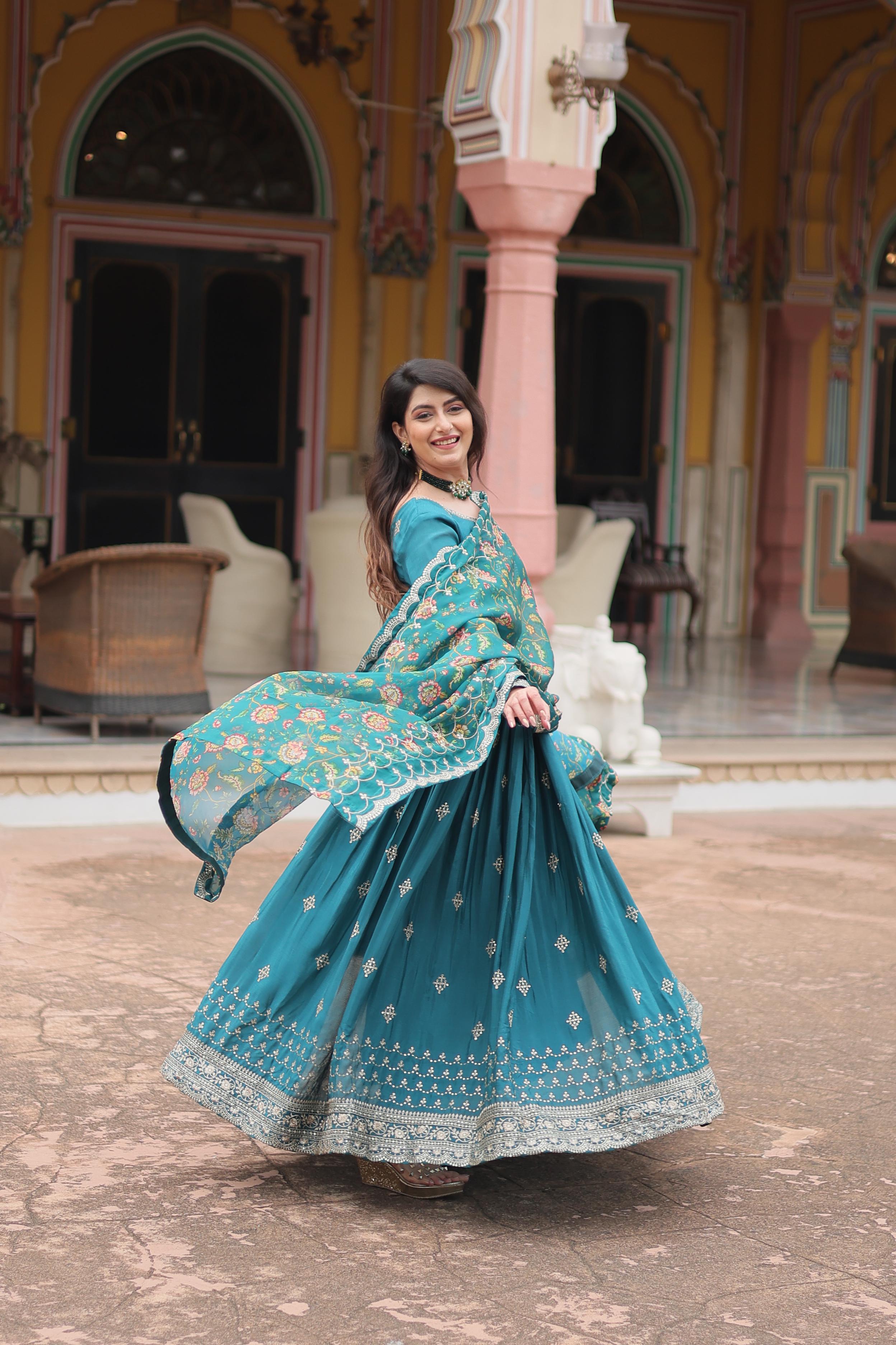 Marriage Special Teal Green Color Chinon With Rich Sequence Embroidered Work Designer Gown