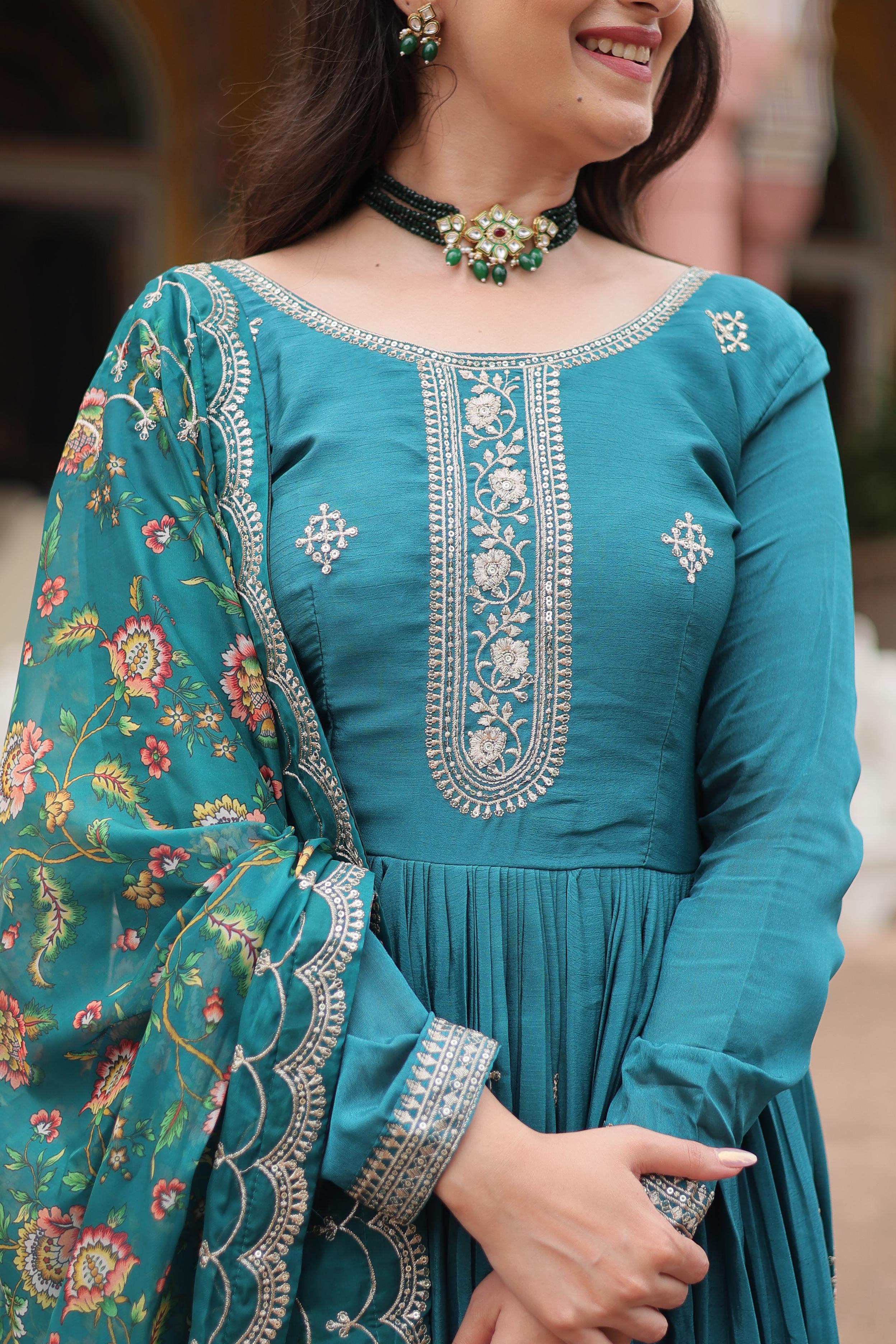 Marriage Special Teal Green Color Chinon With Rich Sequence Embroidered Work Designer Gown