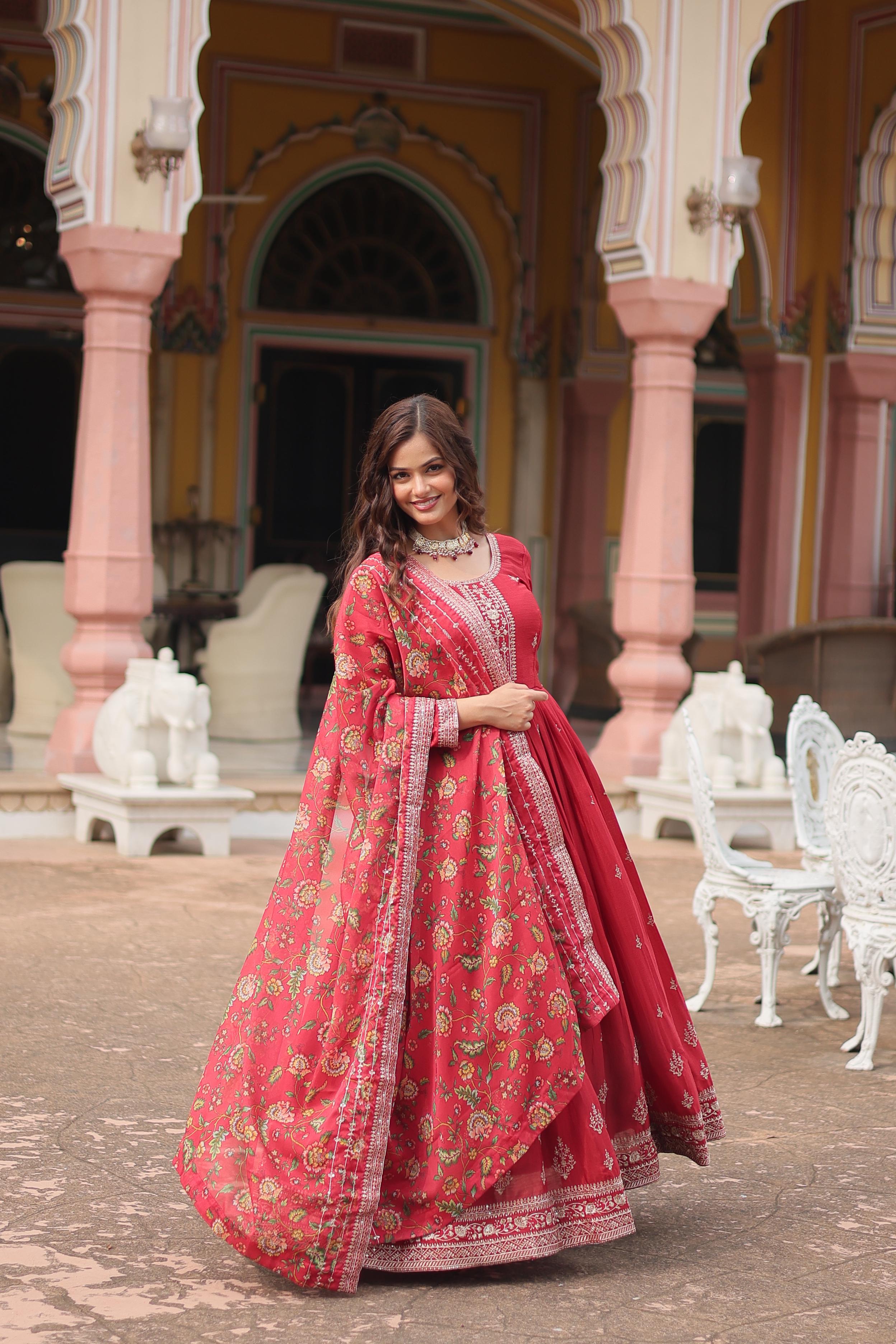 Marriage Special Red Color Chinon With Rich Sequence Embroidered Work Designer Gown