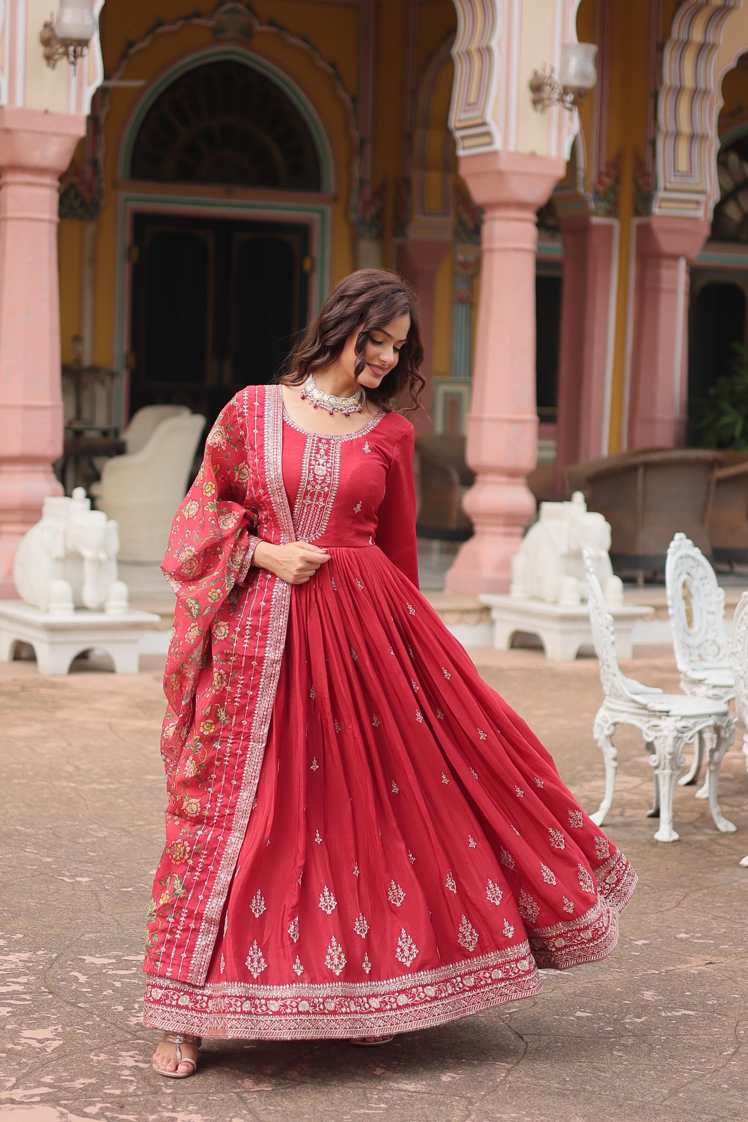 Marriage Special Red Color Chinon With Rich Sequence Embroidered Work Designer Gown