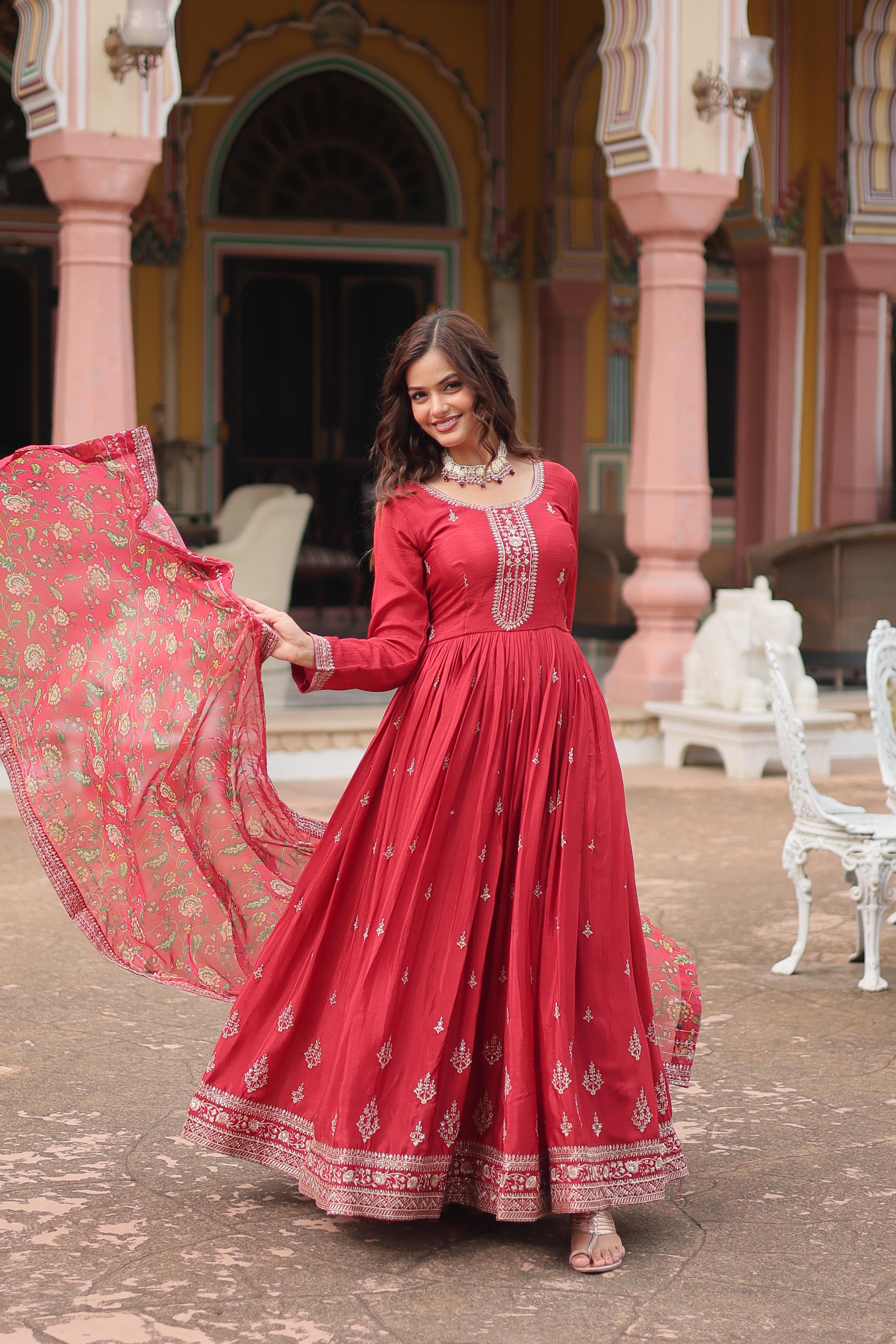 Marriage Special Red Color Chinon With Rich Sequence Embroidered Work Designer Gown