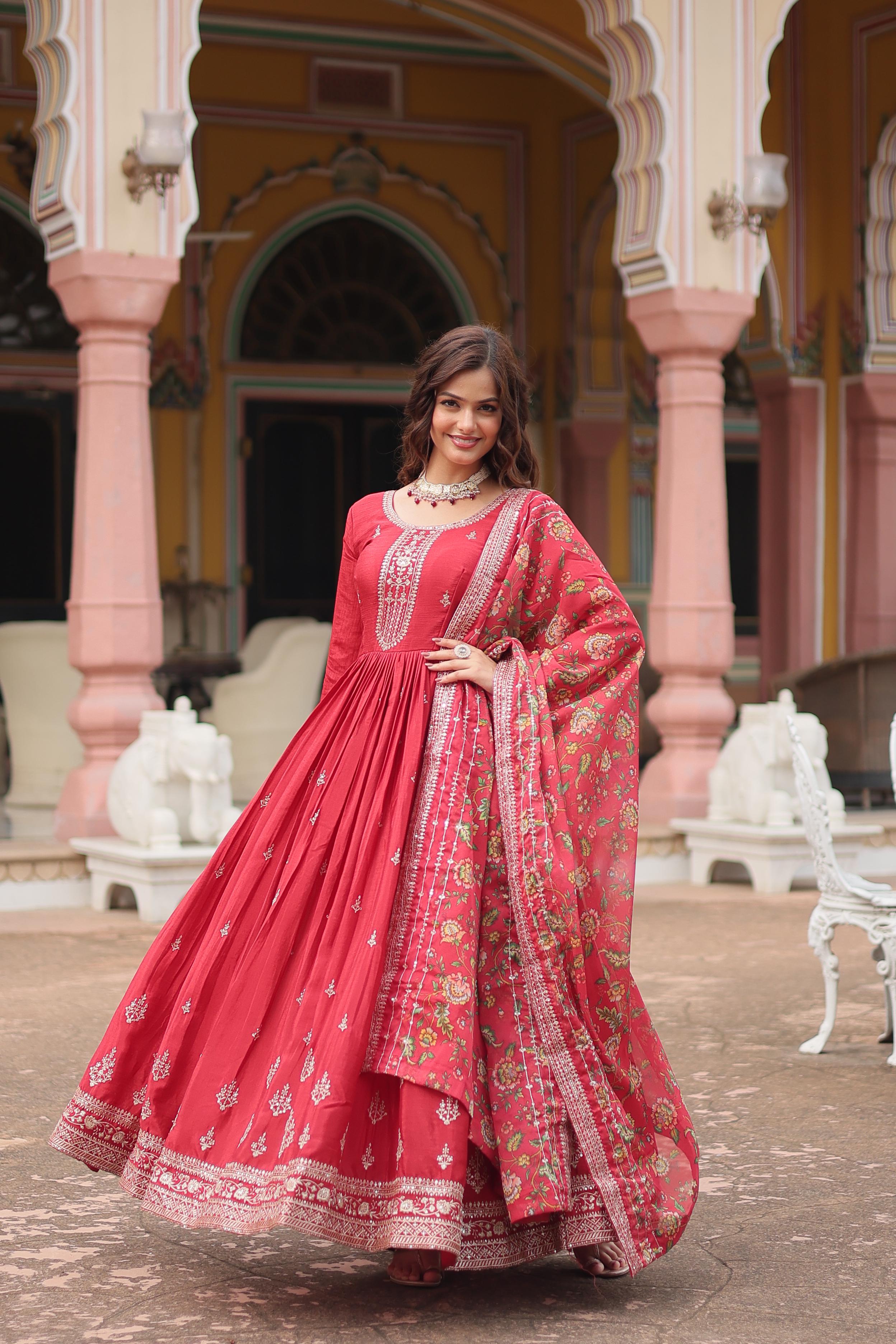 Marriage Special Red Color Chinon With Rich Sequence Embroidered Work Designer Gown