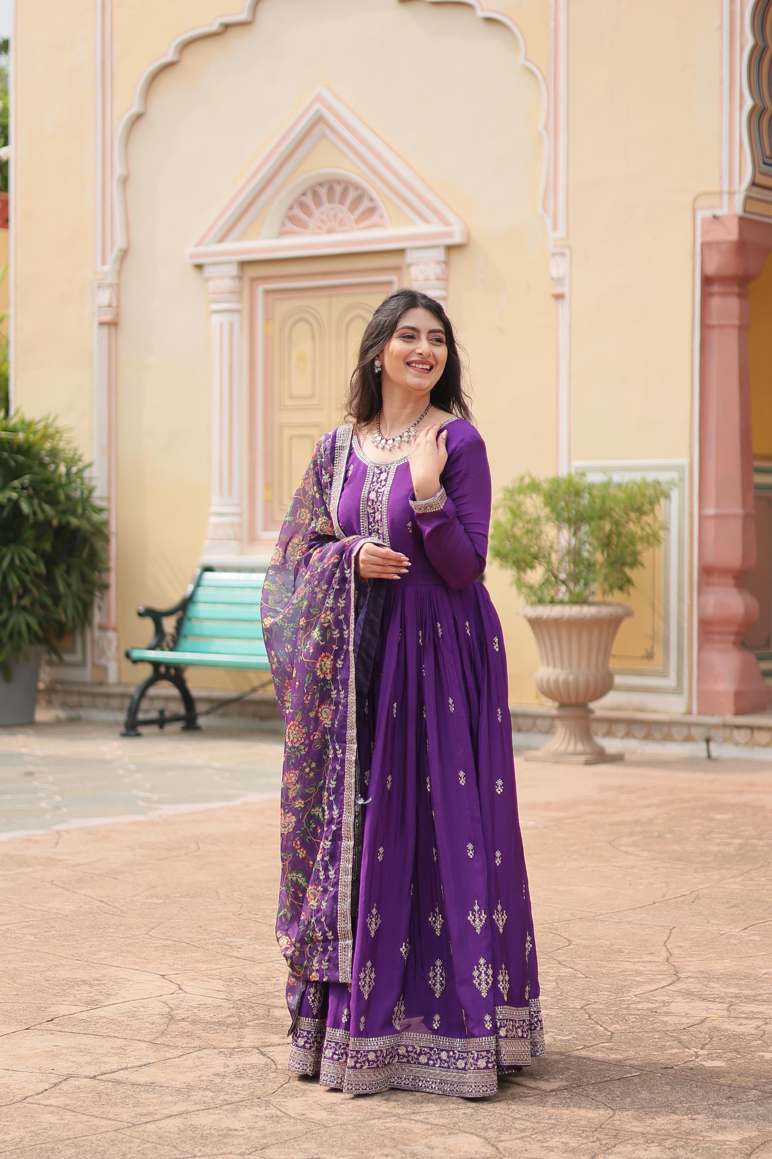 Marriage Special Purple Color Chinon With Rich Sequence Embroidered Work Designer Gown