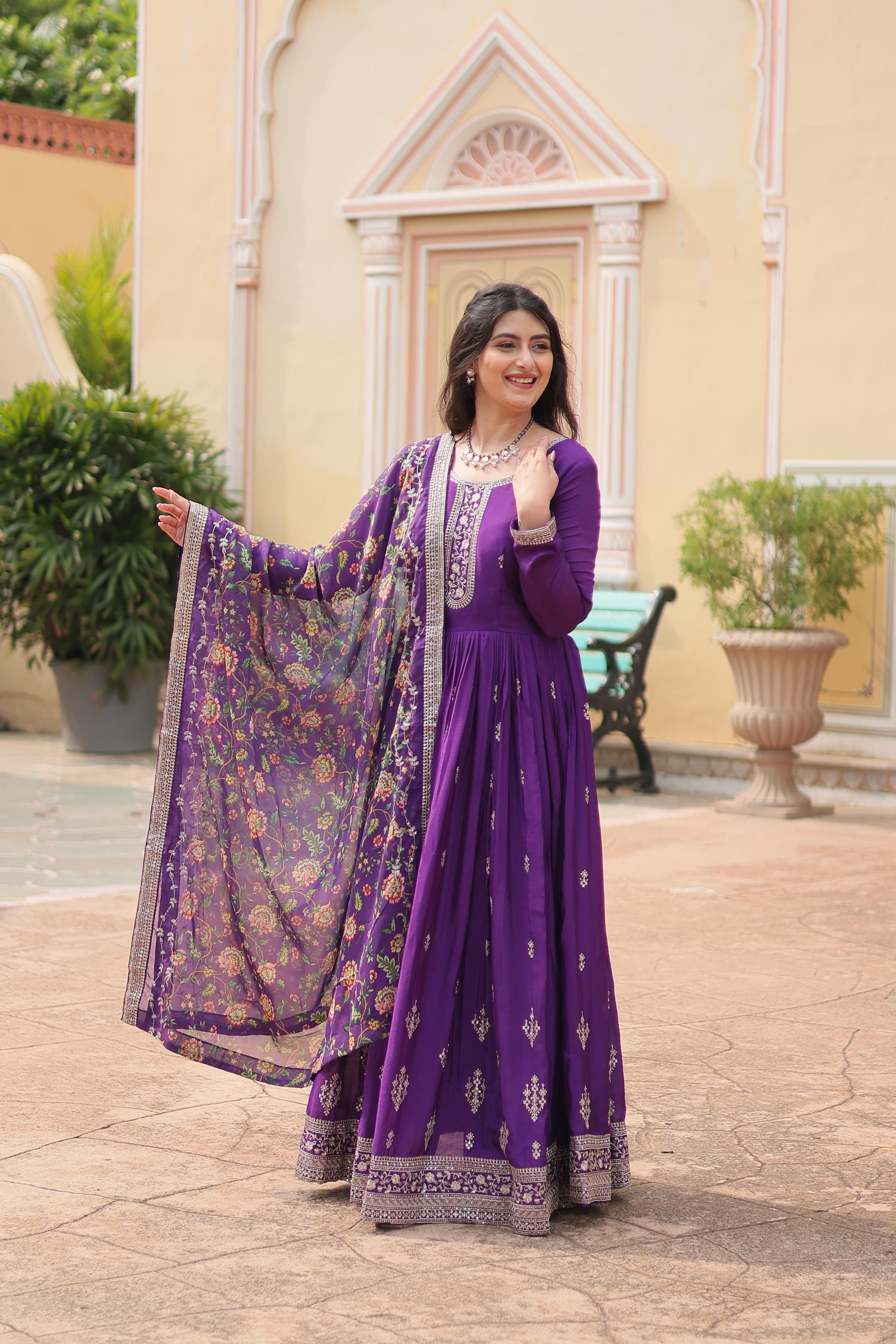 Marriage Special Purple Color Chinon With Rich Sequence Embroidered Work Designer Gown