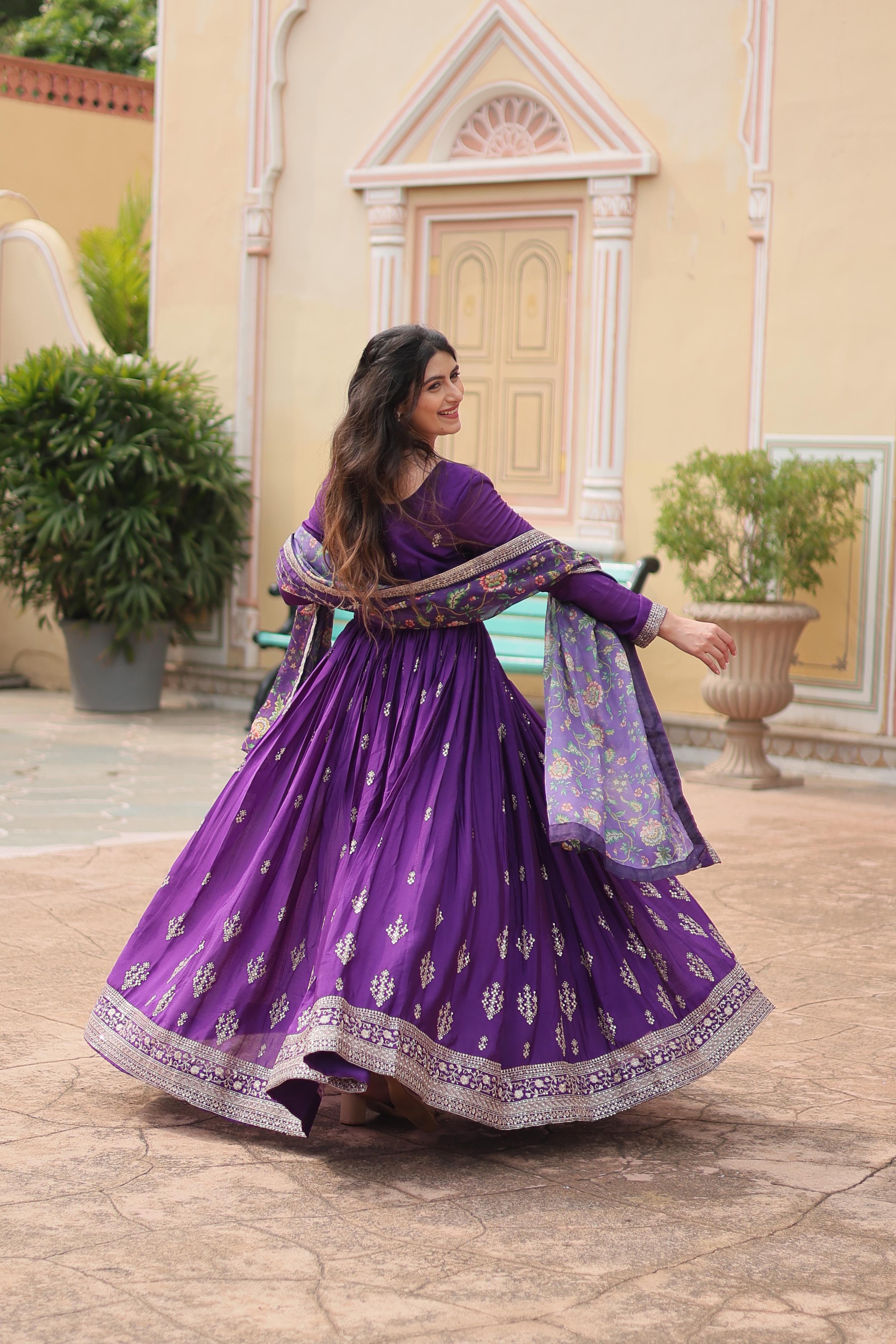 Marriage Special Purple Color Chinon With Rich Sequence Embroidered Work Designer Gown