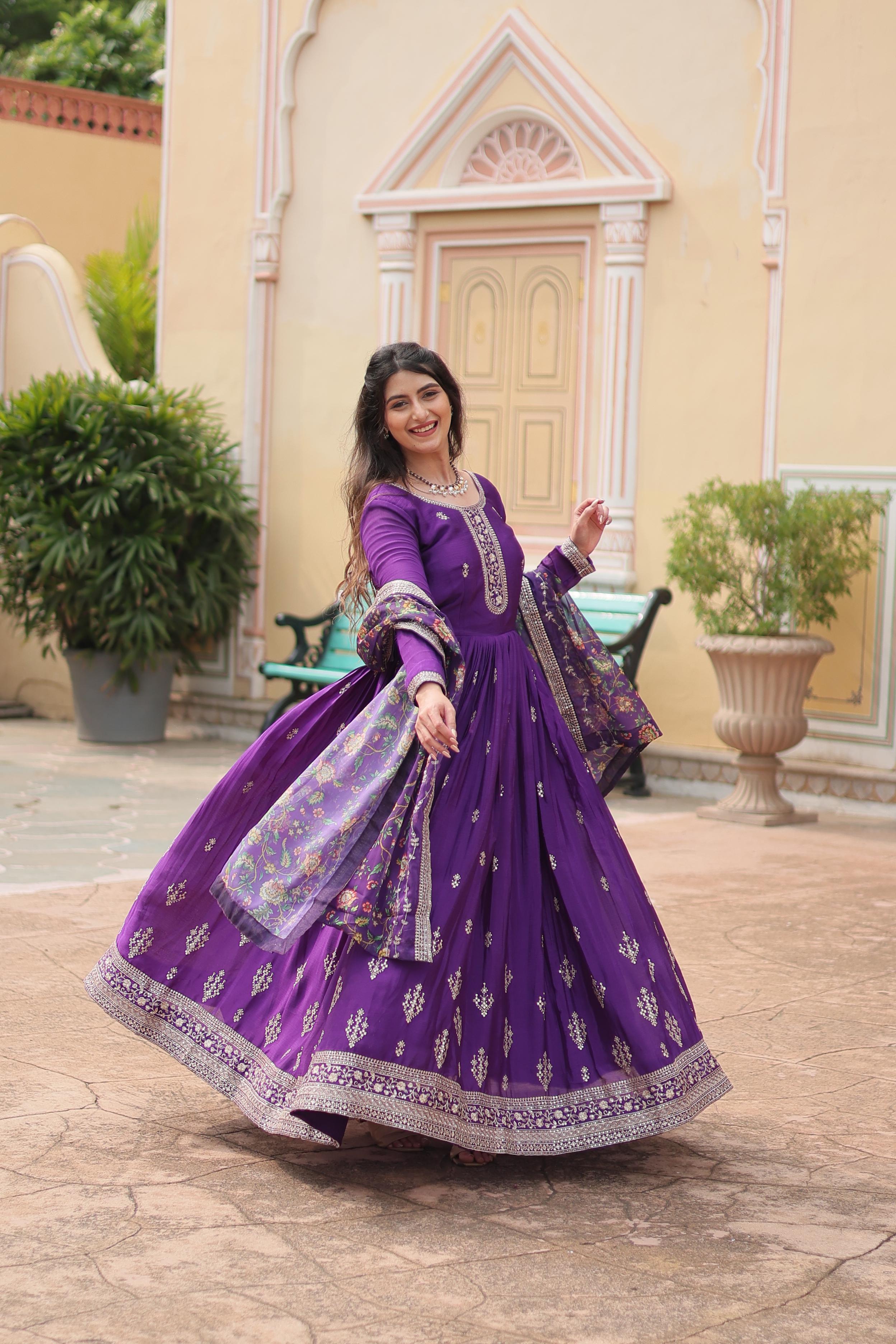 Marriage Special Purple Color Chinon With Rich Sequence Embroidered Work Designer Gown