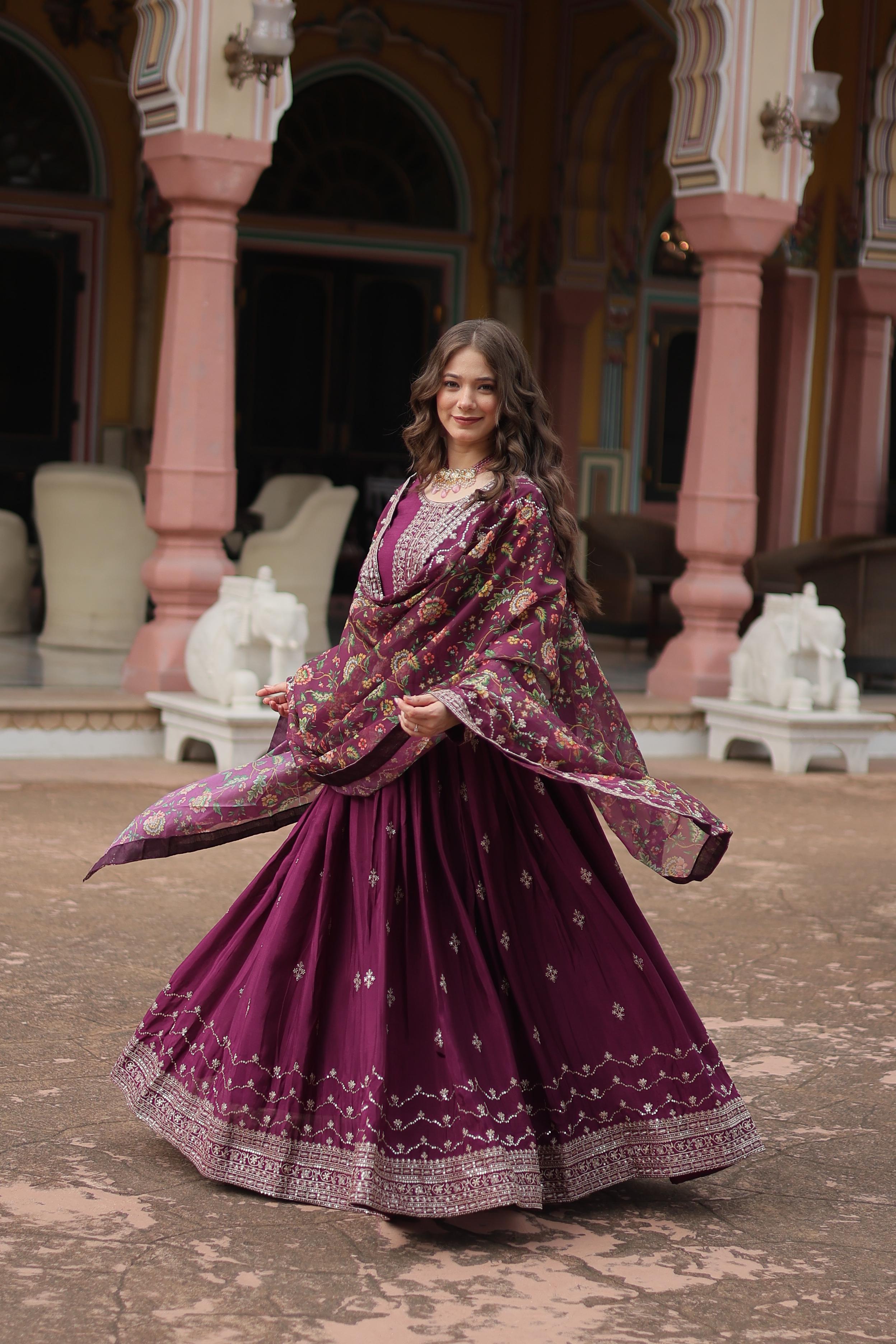 Marriage Special Wine Color Chinon With Rich Sequence Embroidered Work Designer Gown