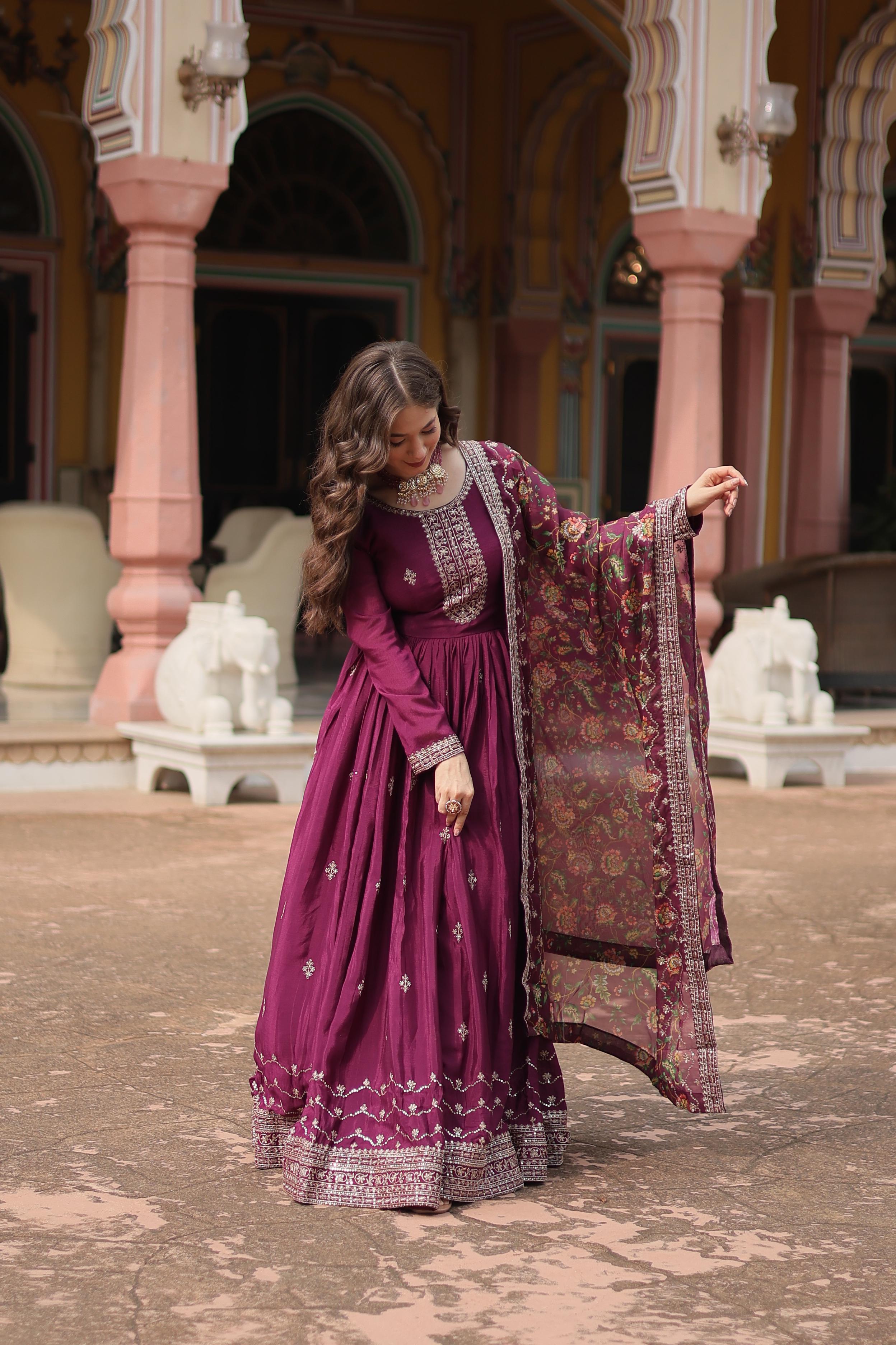 Marriage Special Wine Color Chinon With Rich Sequence Embroidered Work Designer Gown