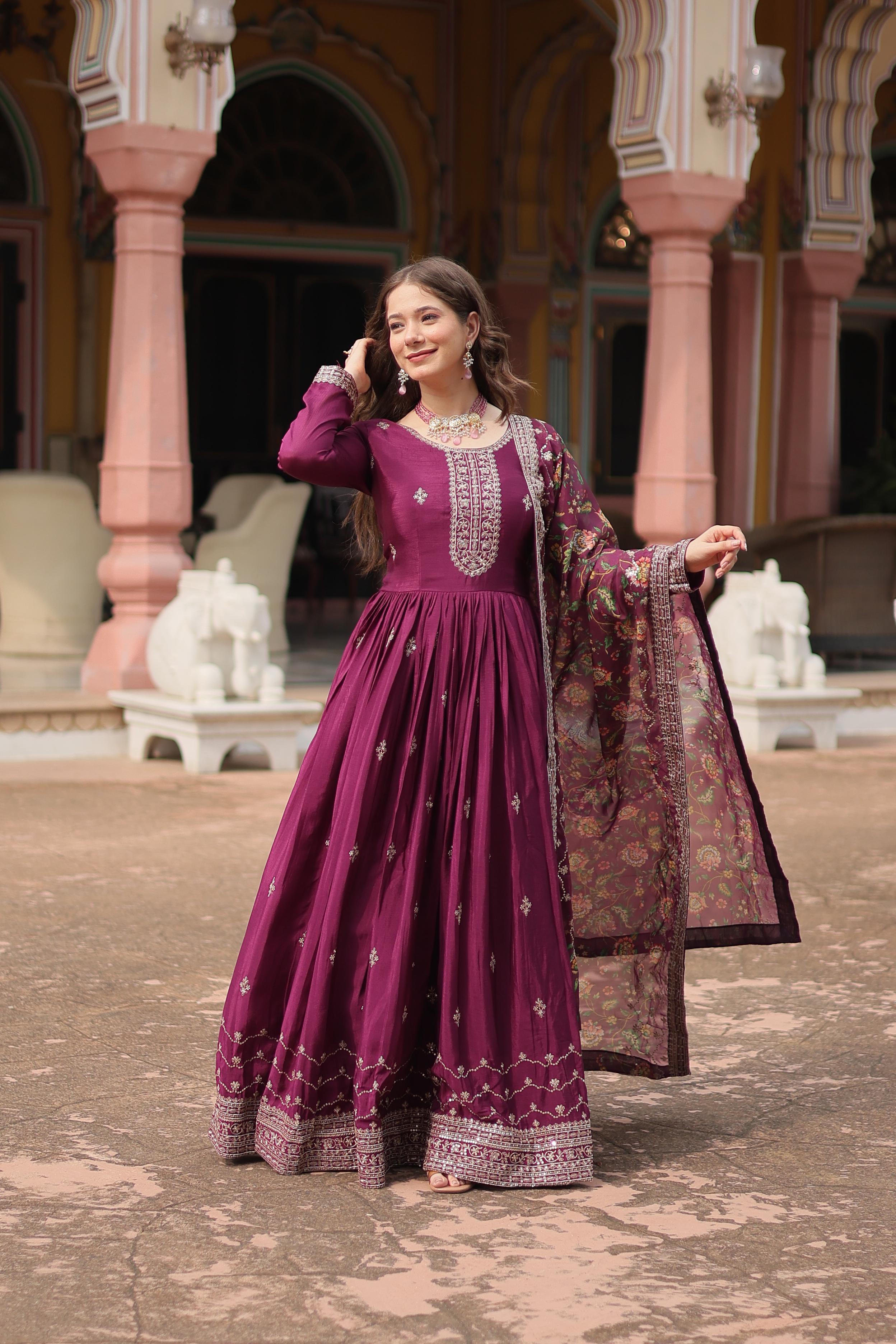 Marriage Special Wine Color Chinon With Rich Sequence Embroidered Work Designer Gown