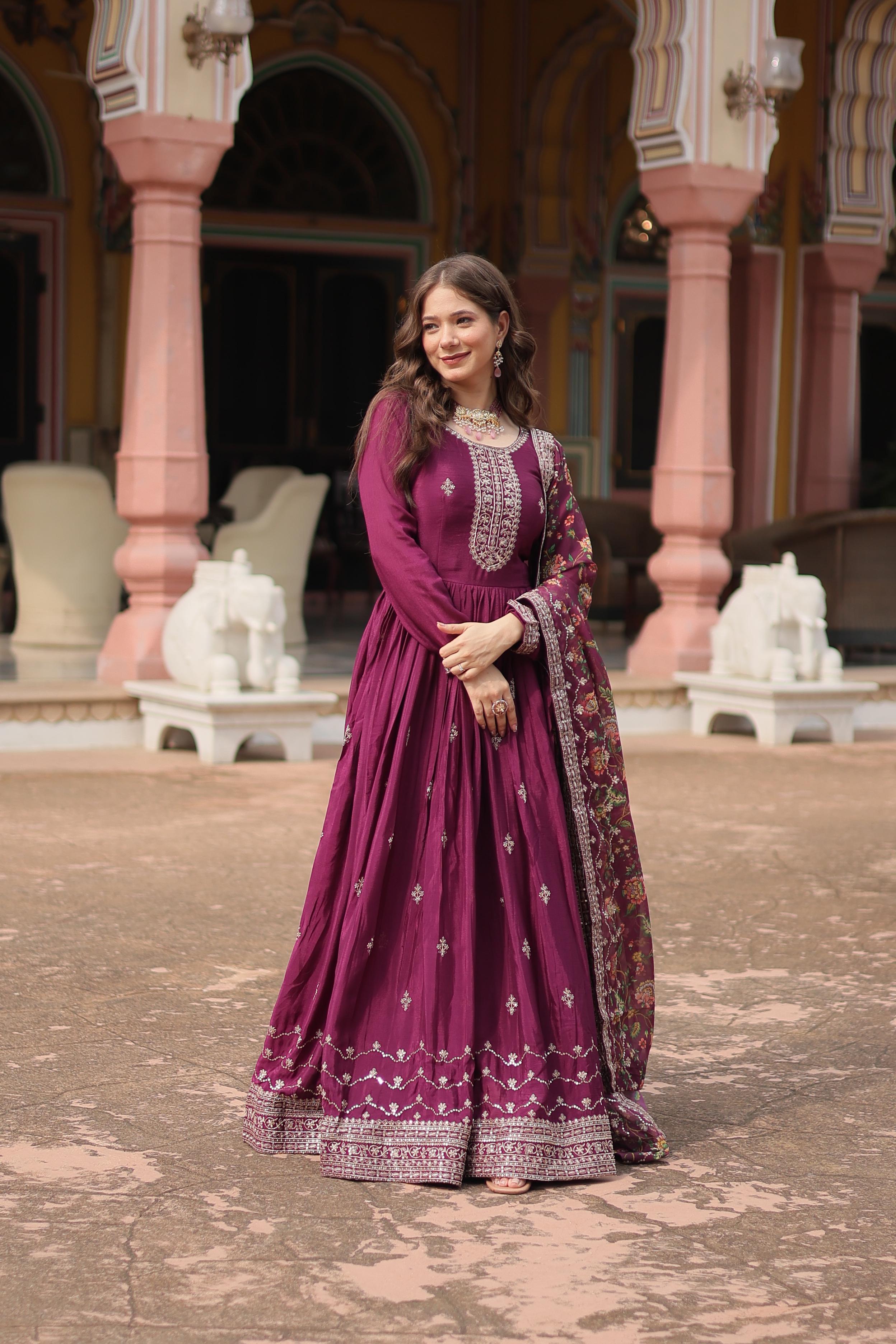 Marriage Special Wine Color Chinon With Rich Sequence Embroidered Work Designer Gown