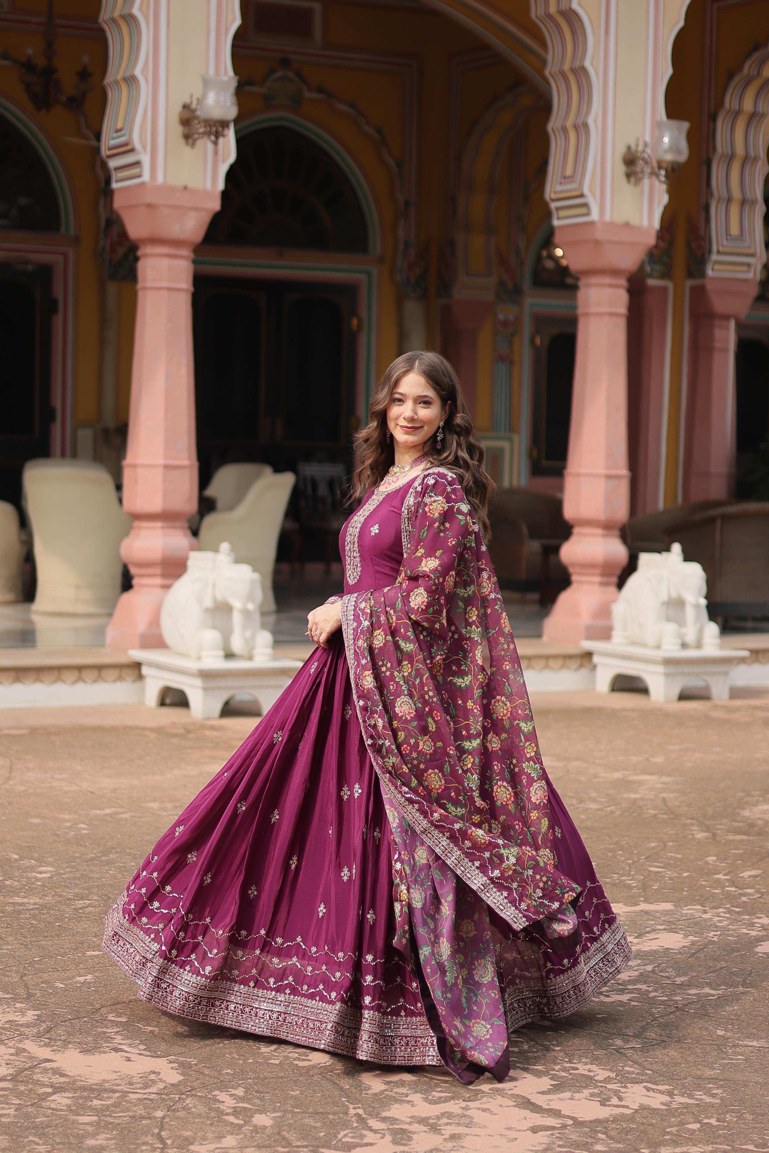 Marriage Special Wine Color Chinon With Rich Sequence Embroidered Work Designer Gown