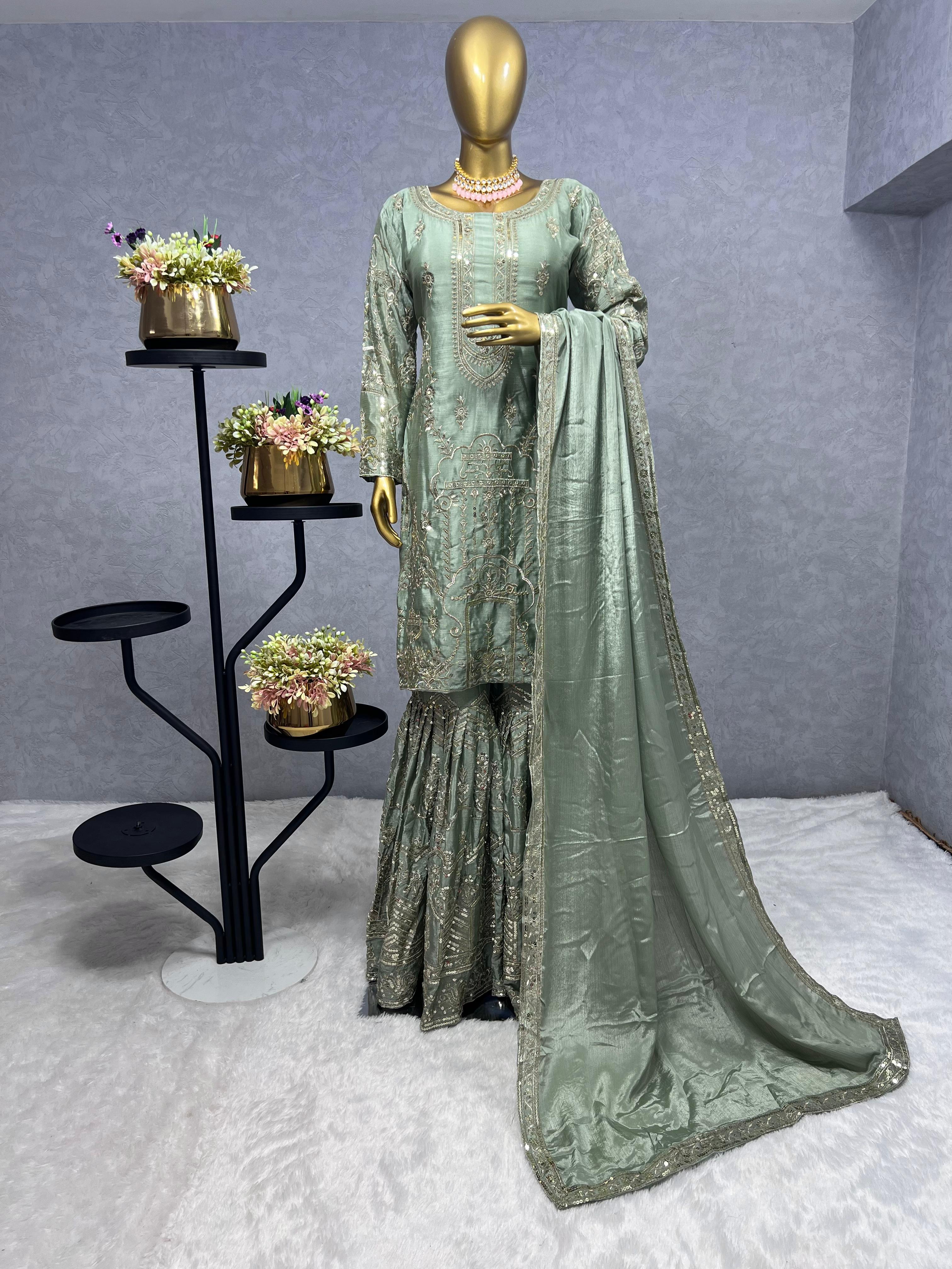 Luxuriant Green Color Pure Chinon Silk And Embroidery Work Sharara Suit