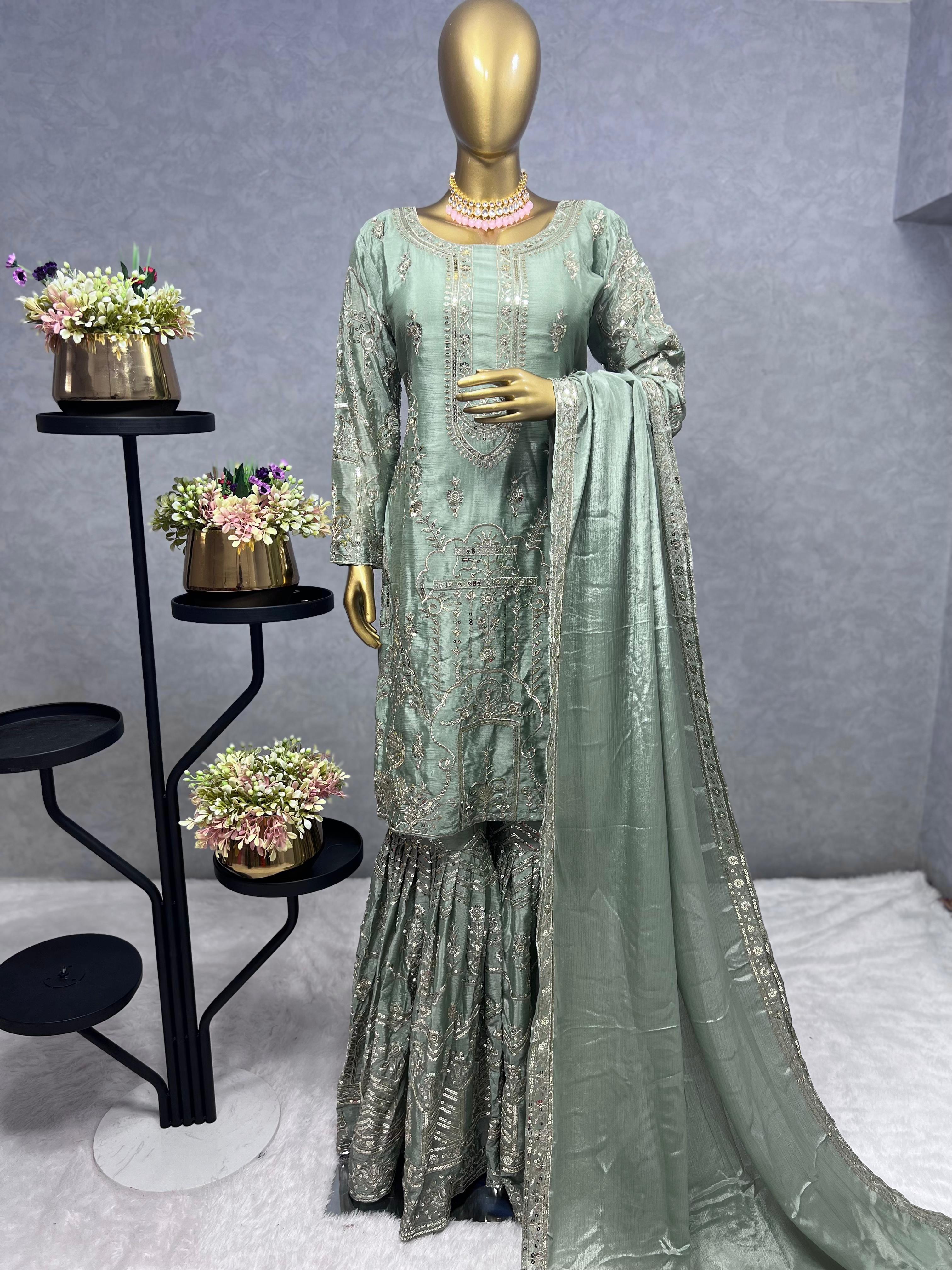 Luxuriant Green Color Pure Chinon Silk And Embroidery Work Sharara Suit