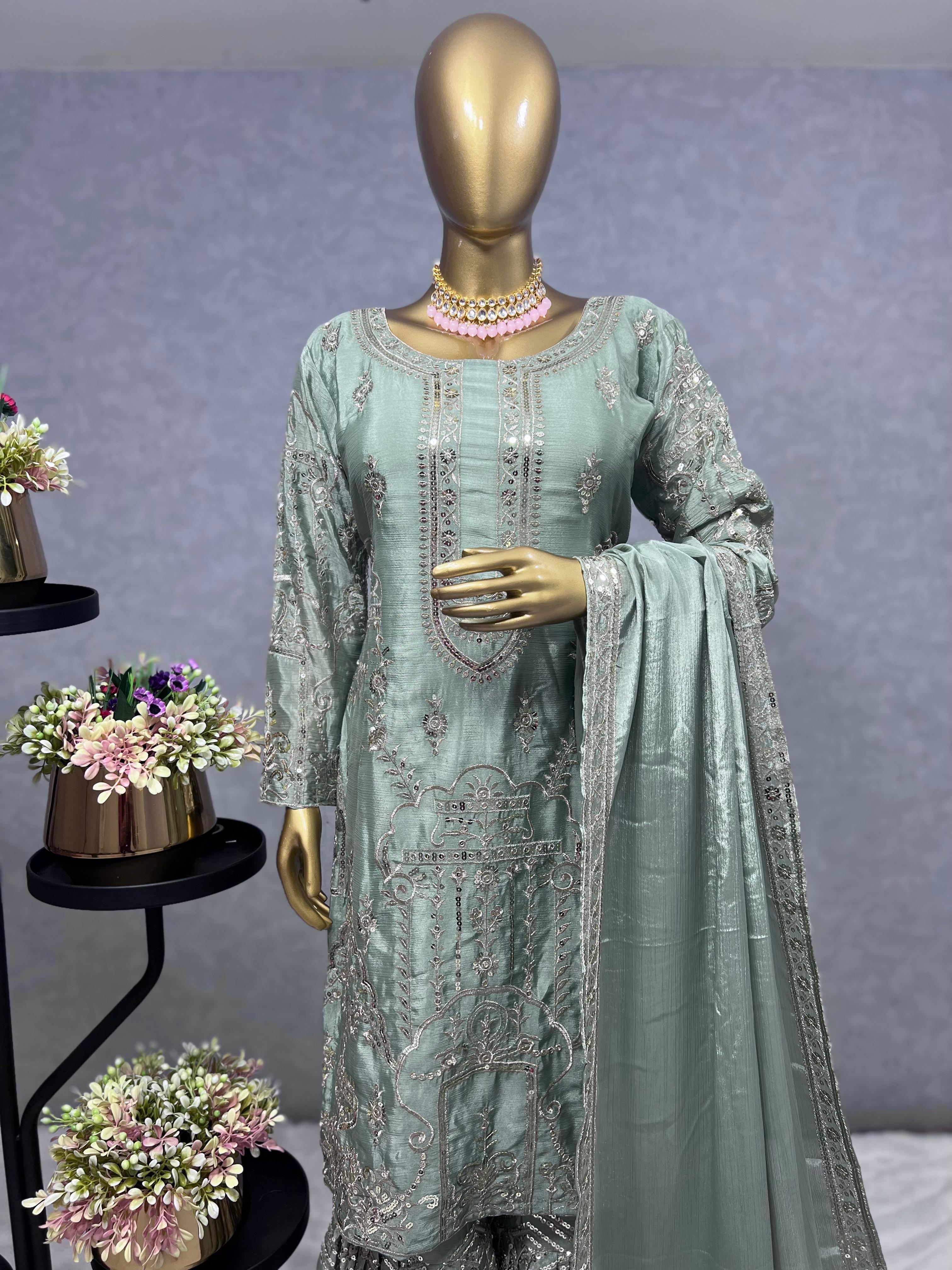 Luxuriant Green Color Pure Chinon Silk And Embroidery Work Sharara Suit