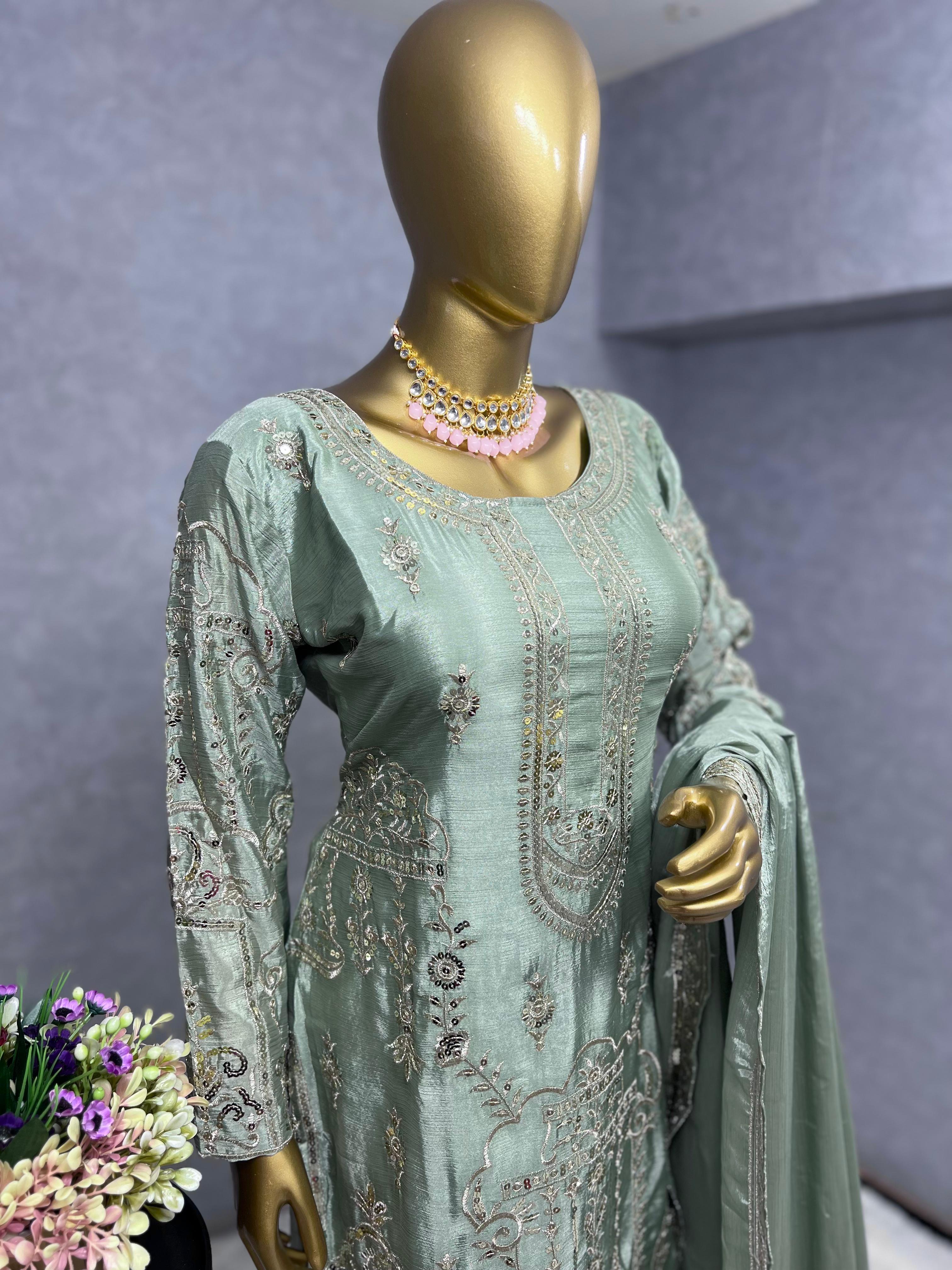 Luxuriant Green Color Pure Chinon Silk And Embroidery Work Sharara Suit