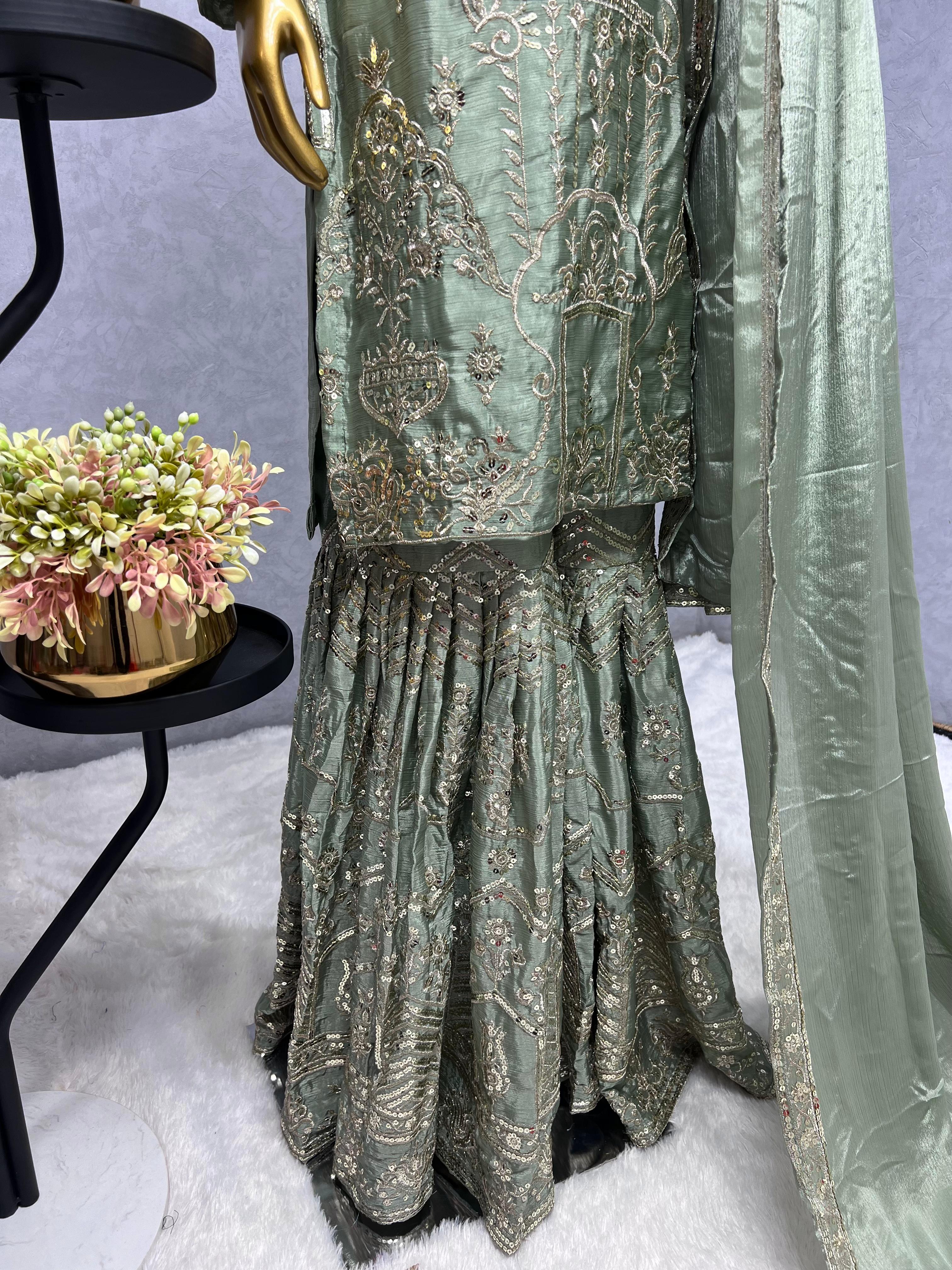 Luxuriant Green Color Pure Chinon Silk And Embroidery Work Sharara Suit