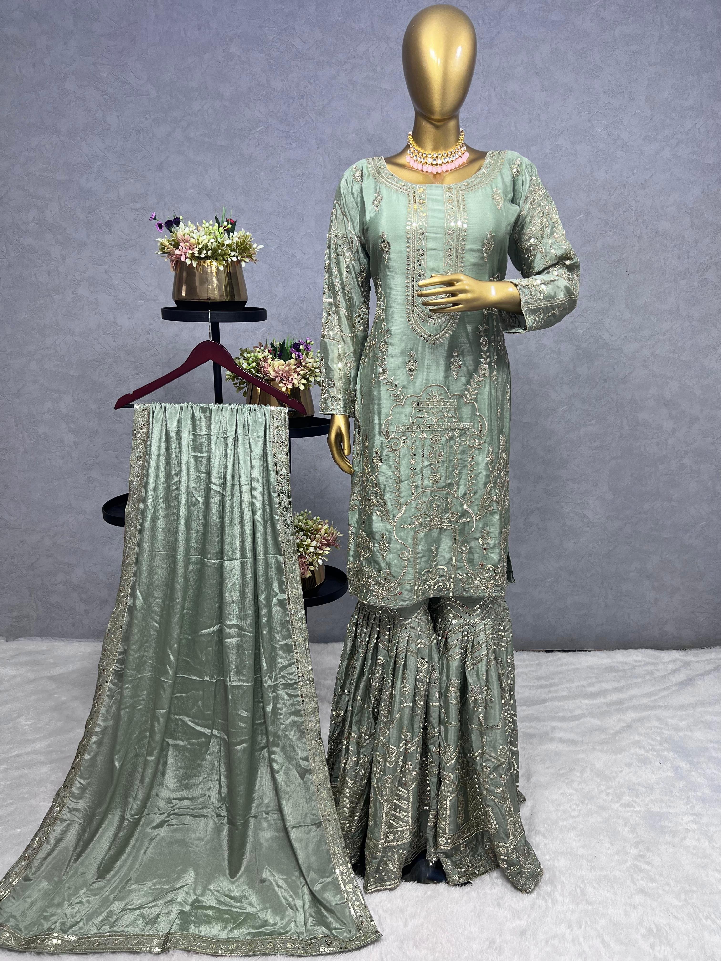 Luxuriant Green Color Pure Chinon Silk And Embroidery Work Sharara Suit