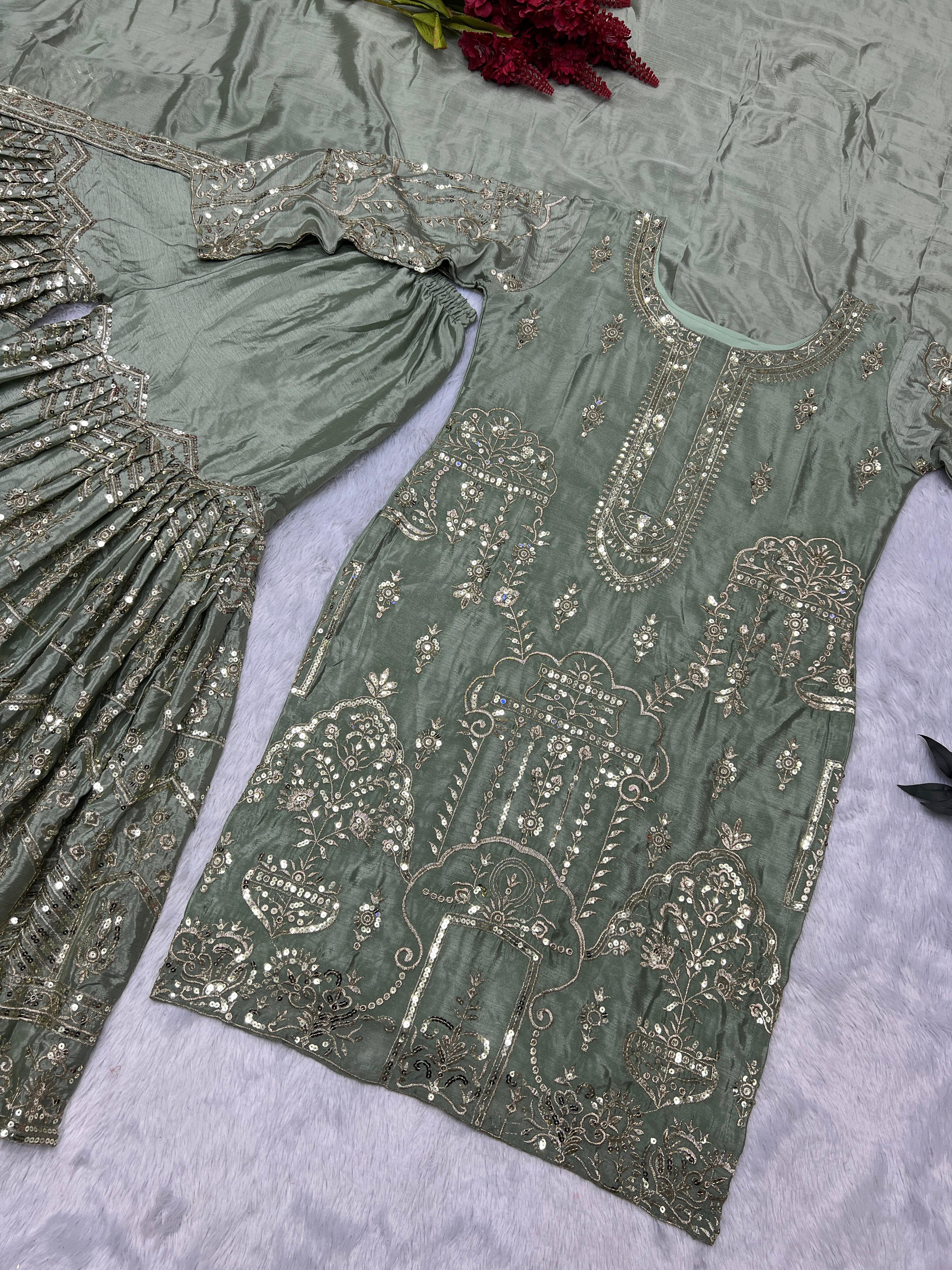 Luxuriant Green Color Pure Chinon Silk And Embroidery Work Sharara Suit