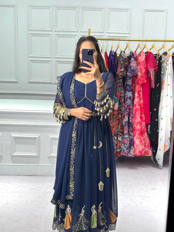 Fancy Navy Blue Color Faux Georgette With Embroidery Cotton Thread Work Designer Gown