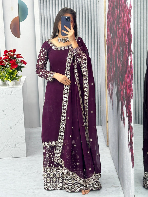 Engagement Wear Purple Color Heavy Faux Georgette With Embroidery 7 mm Sequence Work Palazzo Suit