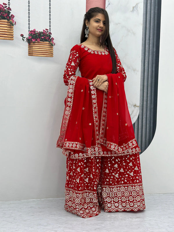 Engagement Wear Red Color Heavy Faux Georgette With Embroidery 7 mm Sequence Work Palazzo Suit