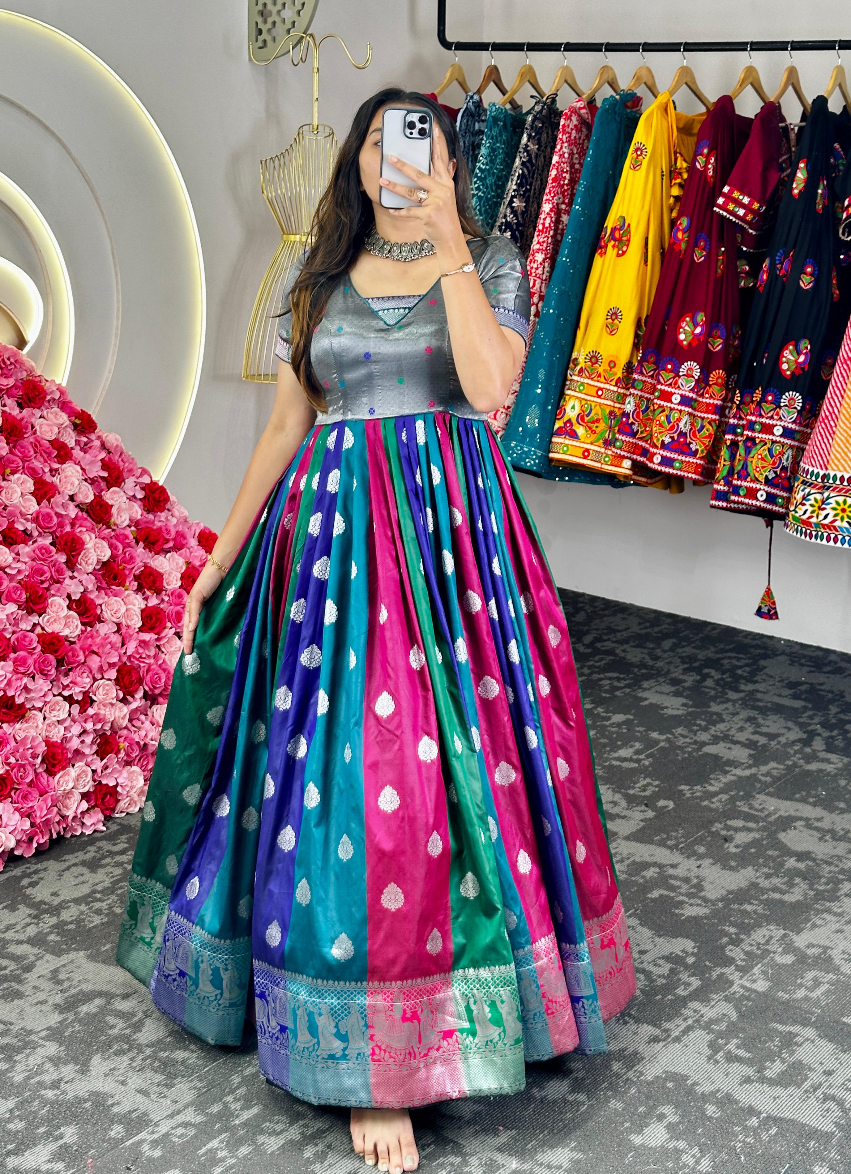 Occasion Wear Multi Color Dola Silk With Jacquard Weaving Designer Gown