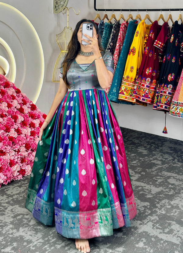 Occasion Wear Multi Color Dola Silk With Jacquard Weaving Designer Gown