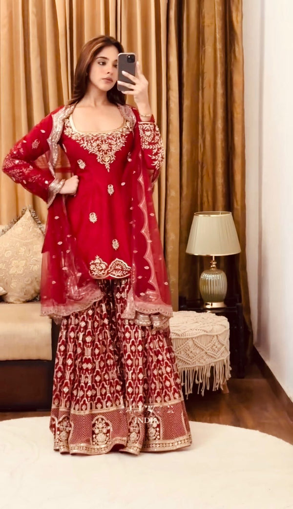 Gorgeous Red Color Heavy Georgette With Embroidery Sequence Work Designer Sharara Suit