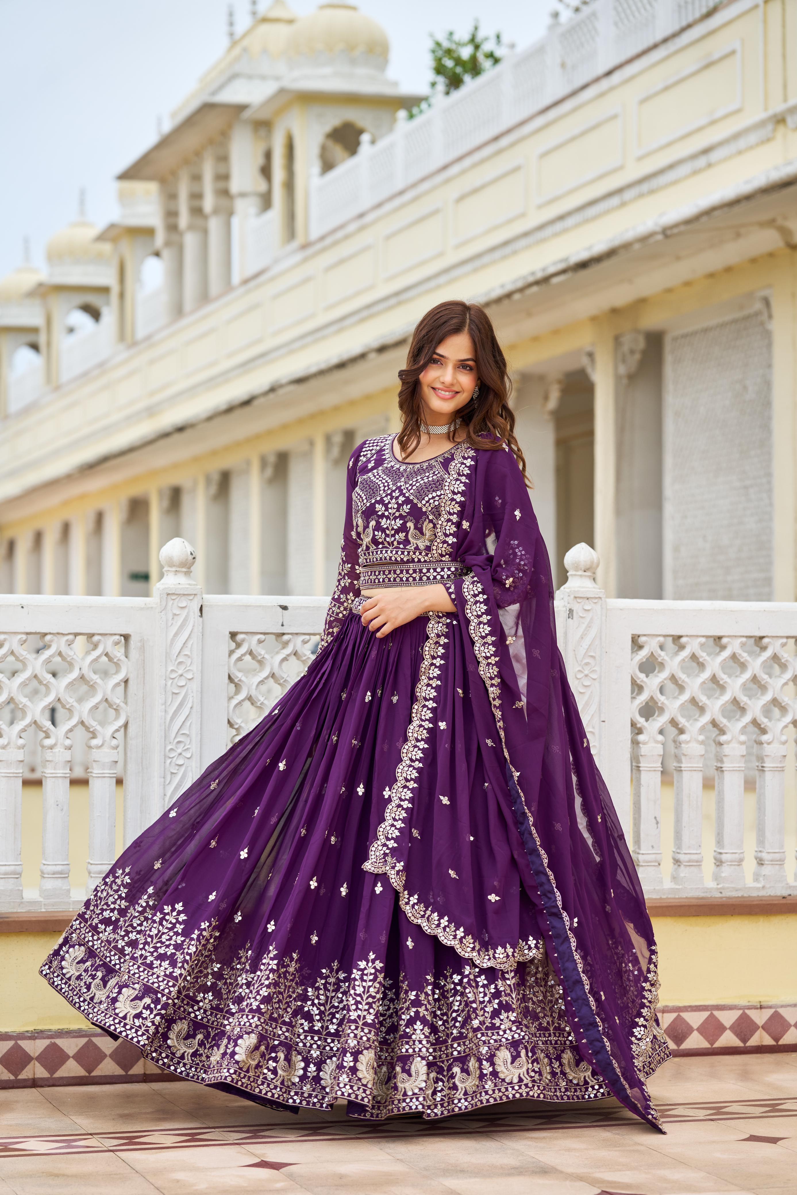 Trendy Purple Heavy Faux Georgette Embroidery 7mm Sequence Work With Belt Designer Lehenga Choli