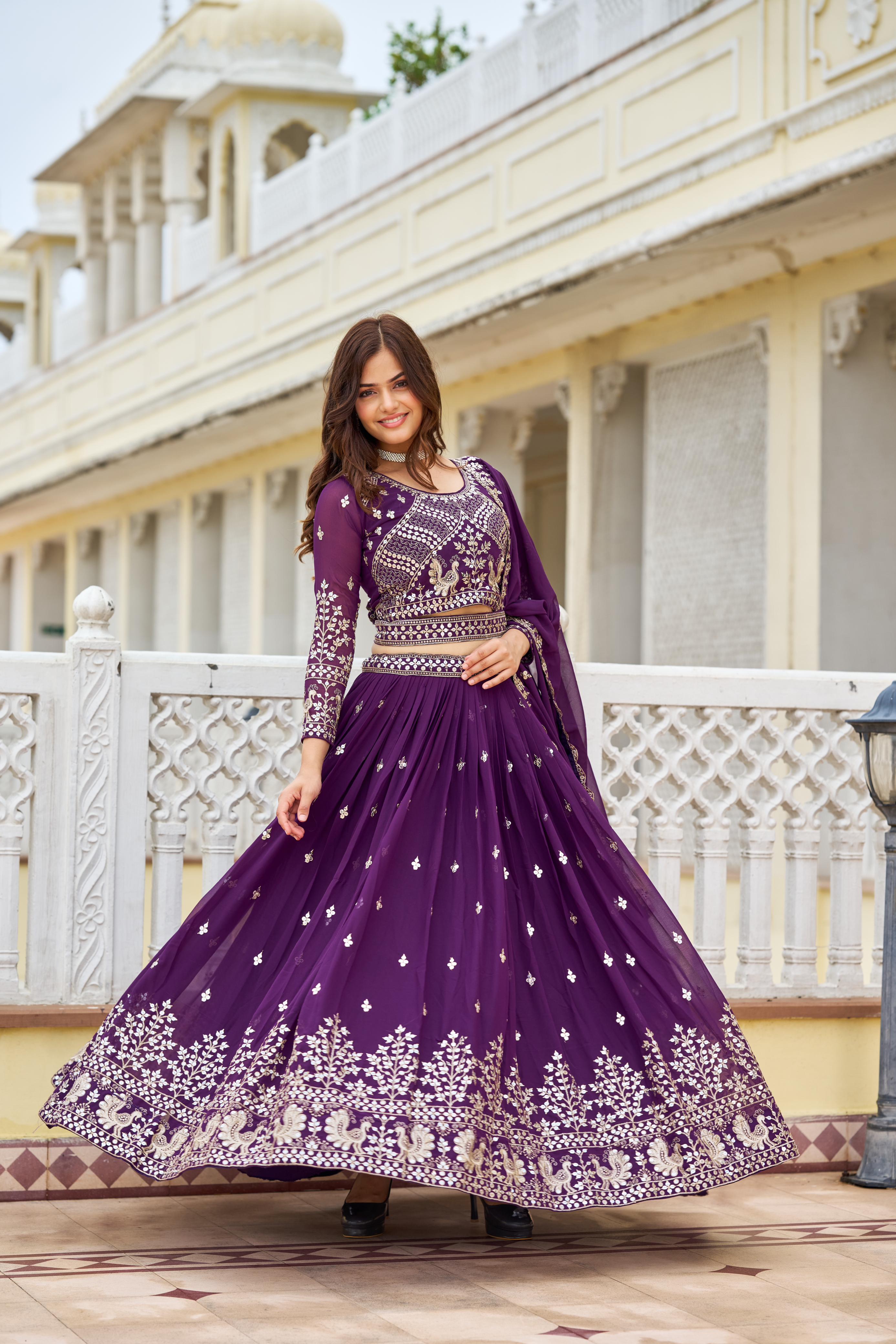 Trendy Purple Heavy Faux Georgette Embroidery 7mm Sequence Work With Belt Designer Lehenga Choli