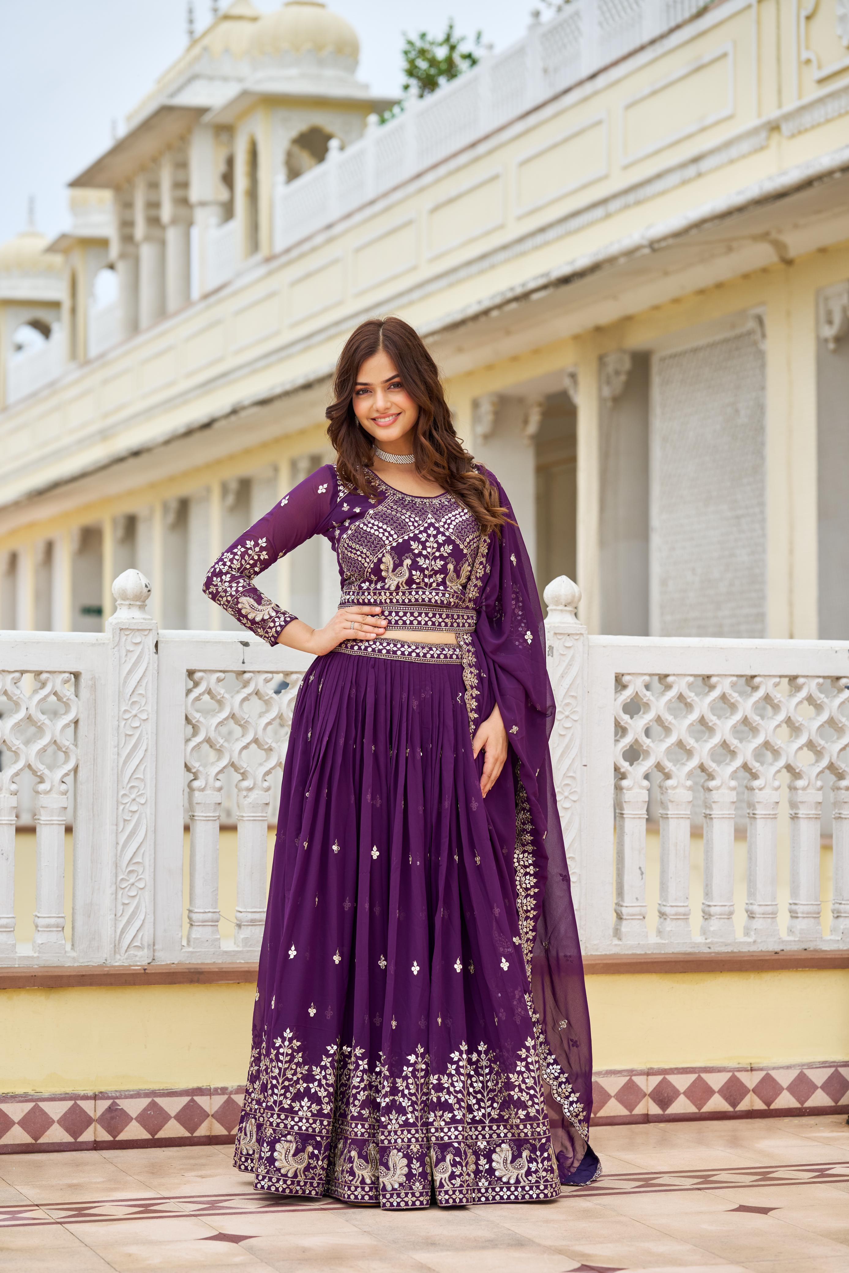 Trendy Purple Heavy Faux Georgette Embroidery 7mm Sequence Work With Belt Designer Lehenga Choli